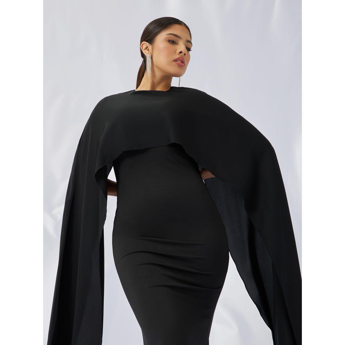 فستان طويل سادة بأكمام كيب-women-clothing-dresses-image-3