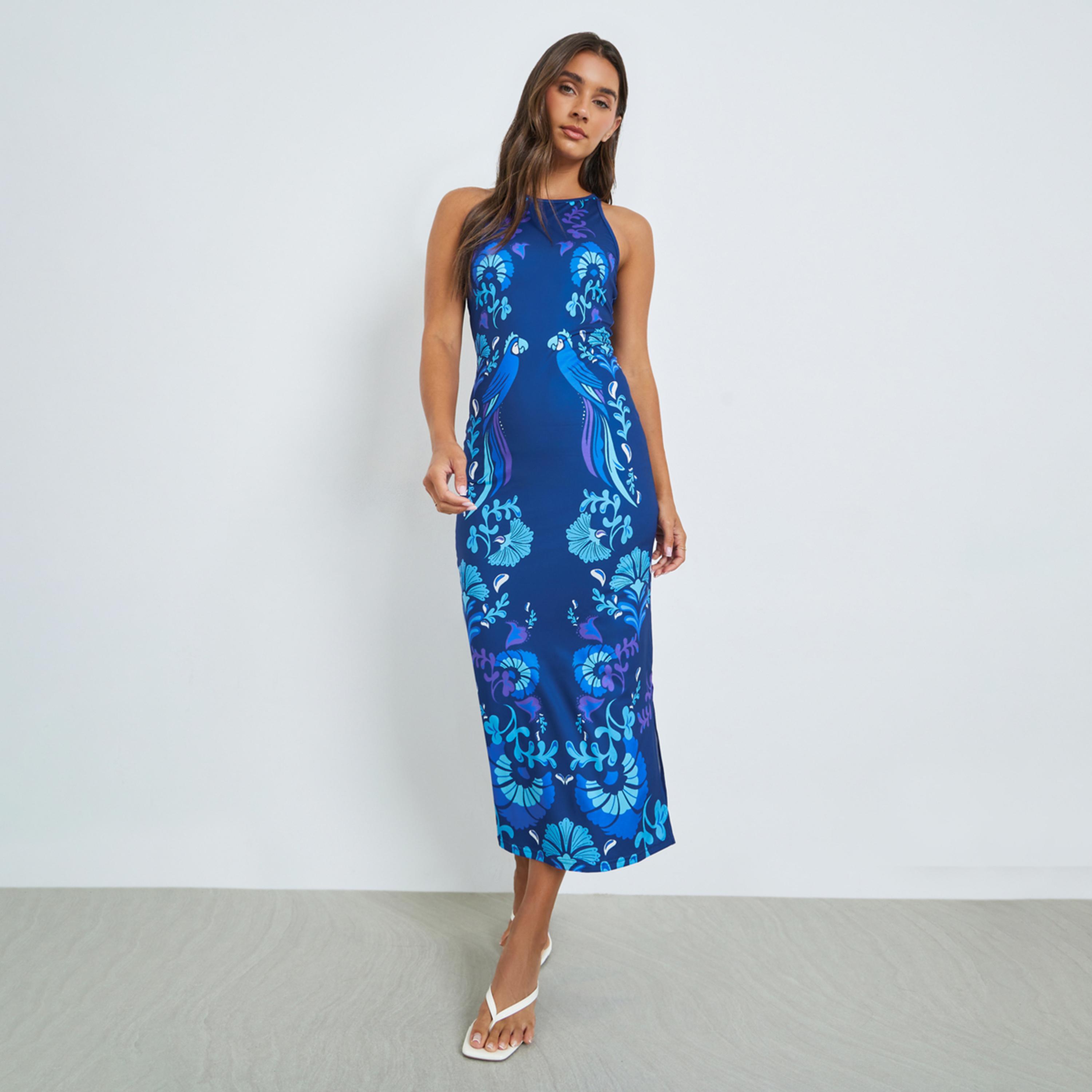 Styli Blue Print Halter Neck Bodycon Midi Dress-women-clothing-dresses-image-1