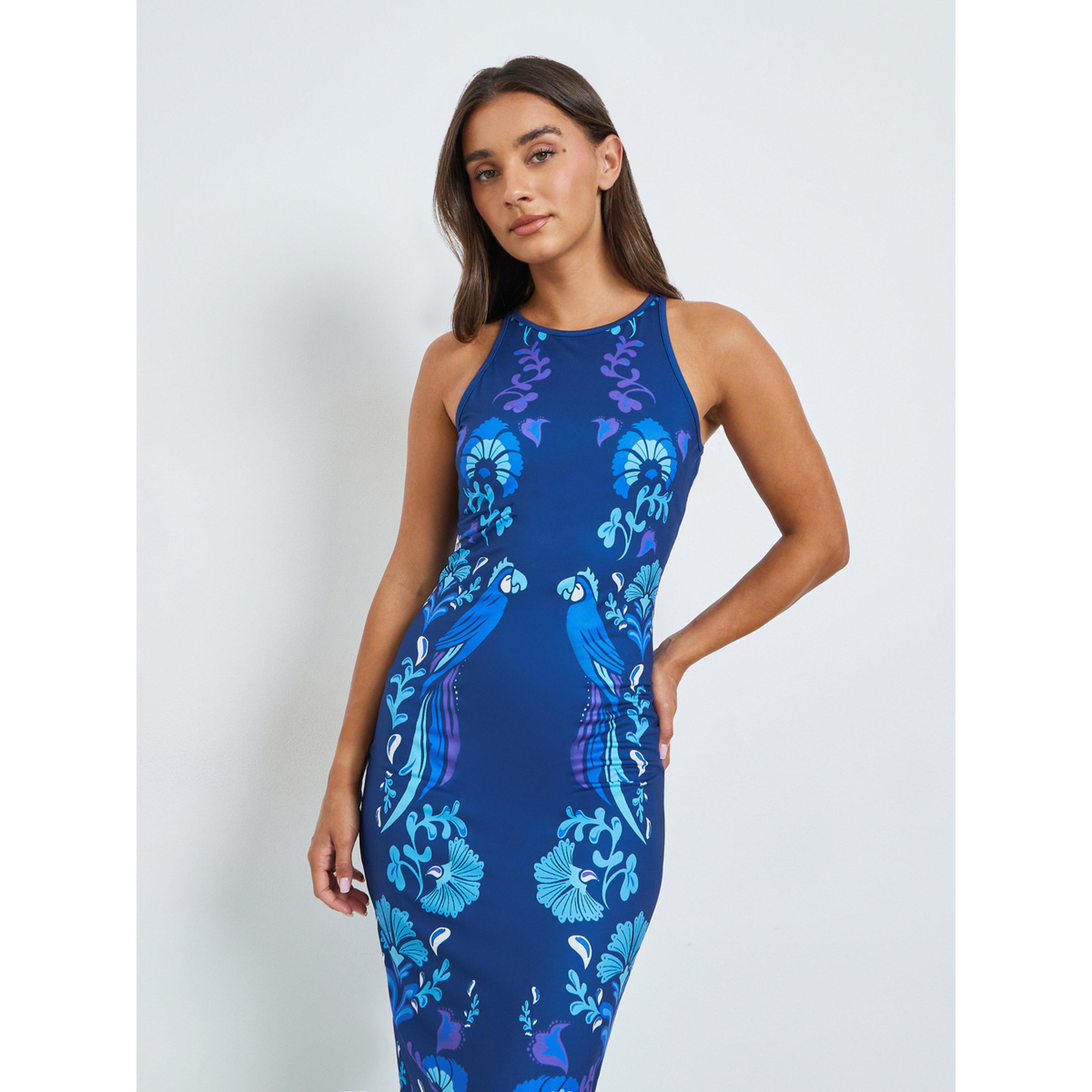 Styli Blue Print Halter Neck Bodycon Midi Dress-women-clothing-dresses-image-2