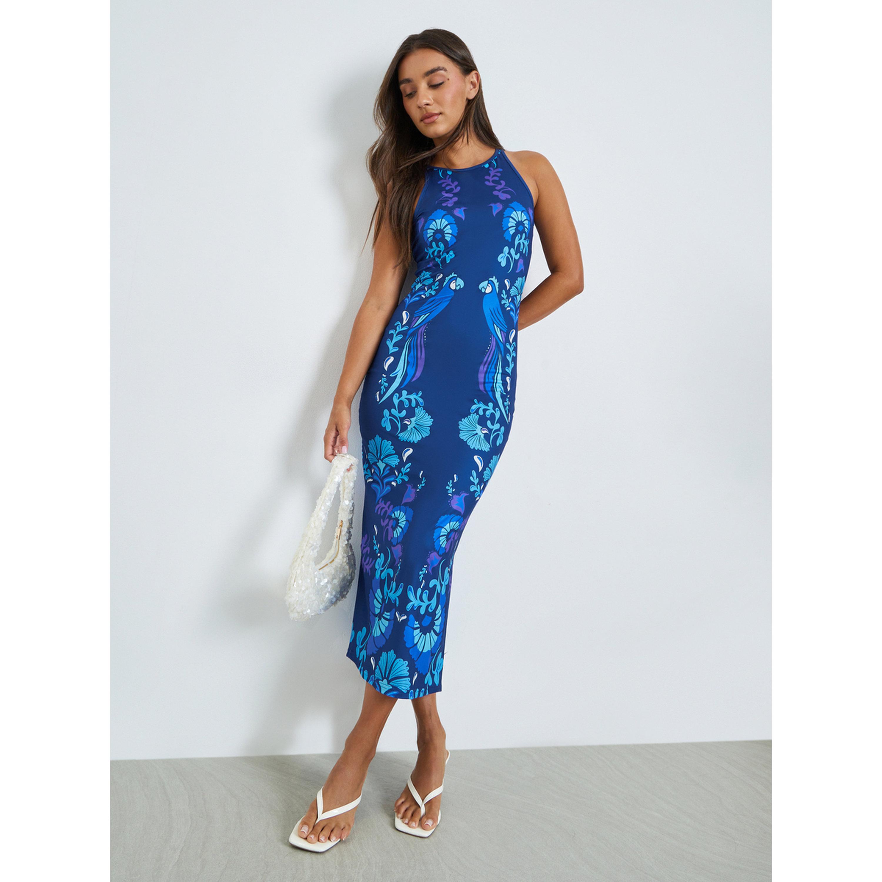 Styli Blue Print Halter Neck Bodycon Midi Dress-women-clothing-dresses-image-3