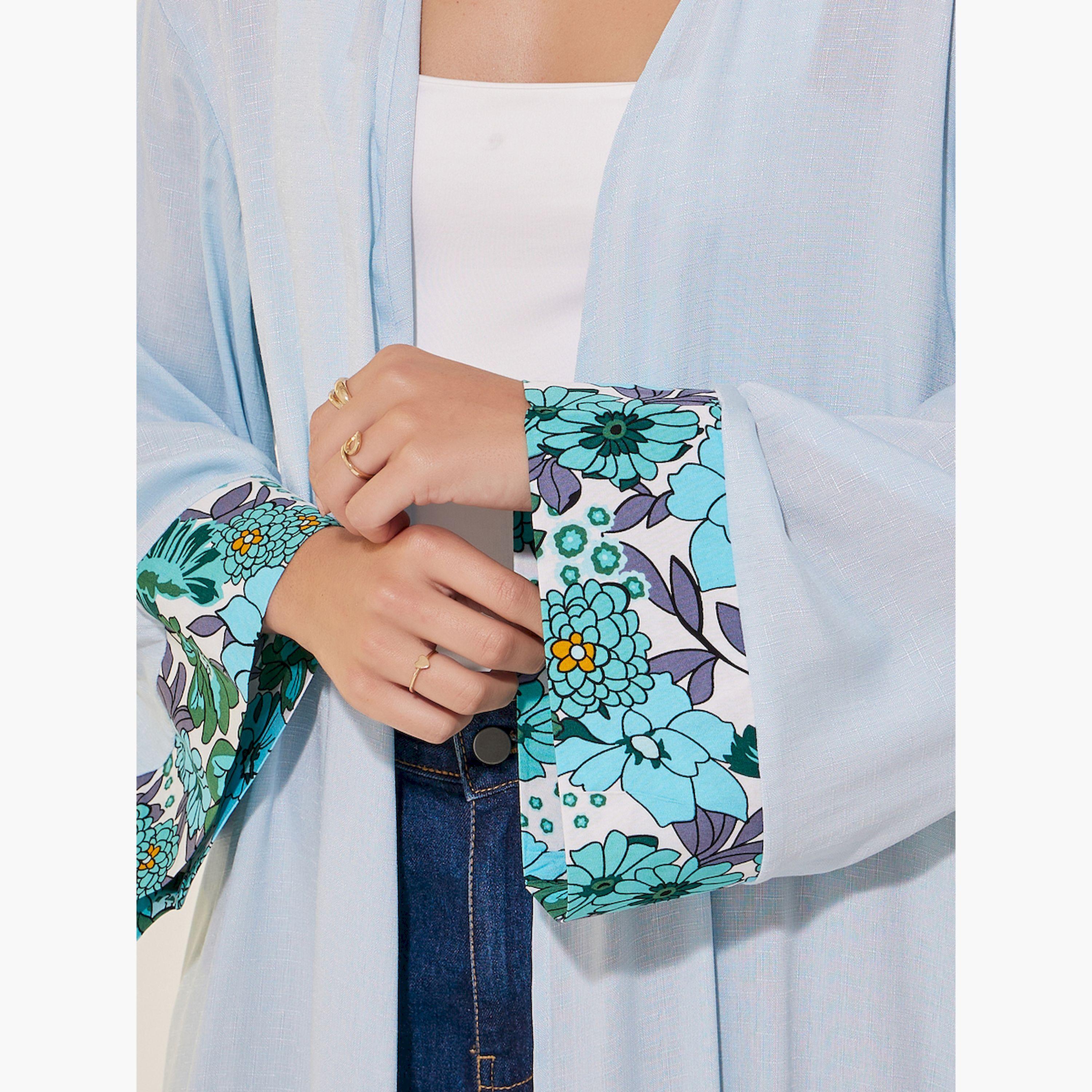 ستايلي -   كيمونو سادة بأكمام طويلة مع تفاصيل الأكمام-women-clothing-shirtsandblouses-shirts-image-4