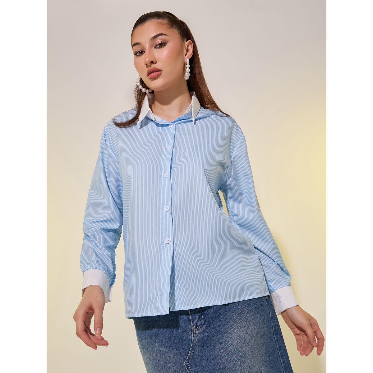بلوزة فضفاضة مخططة بياقة سبريد-women-clothing-shirtsandblouses-shirts-image-1