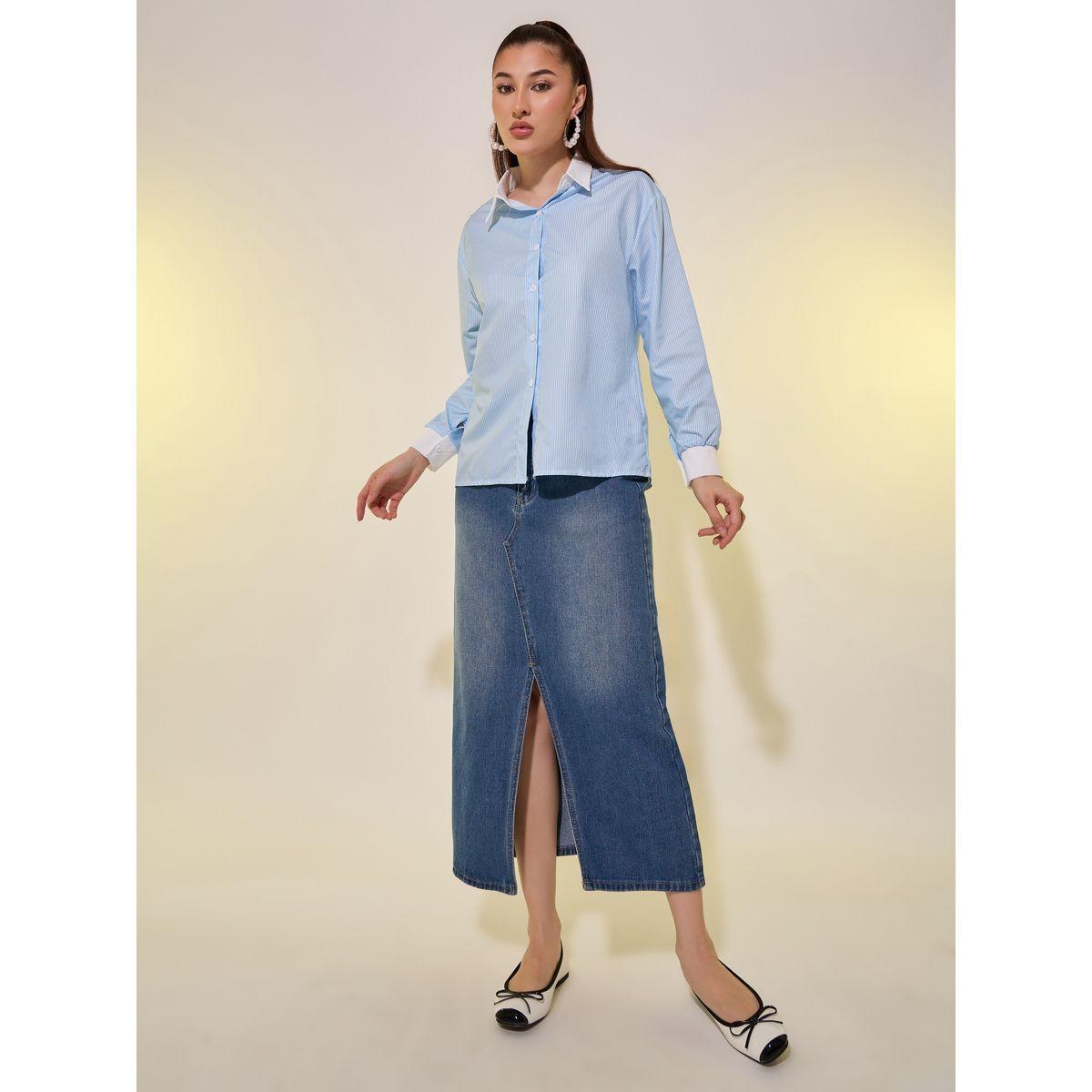 بلوزة فضفاضة مخططة بياقة سبريد-women-clothing-shirtsandblouses-shirts-image-2