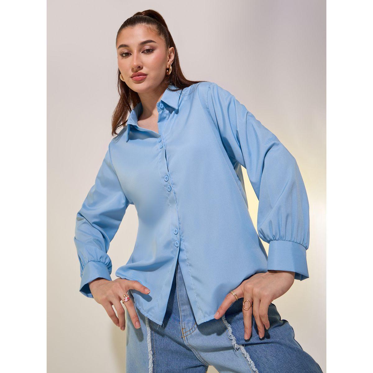Styli Women Blue Solid Long Sleeve Oversized Shirt-women-clothing-shirtsandblouses-shirts-image-1
