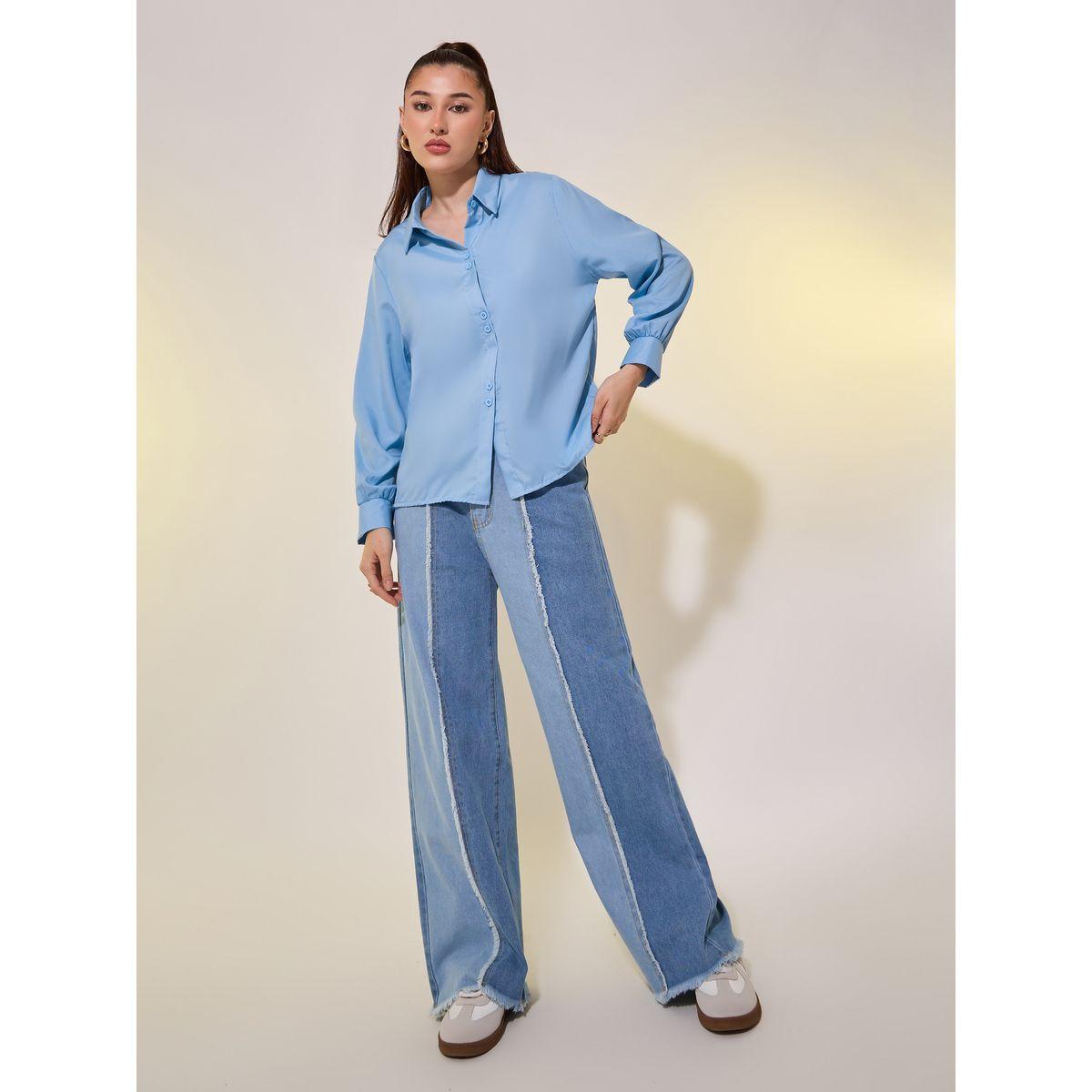 Styli Women Blue Solid Long Sleeve Oversized Shirt-women-clothing-shirtsandblouses-shirts-image-2
