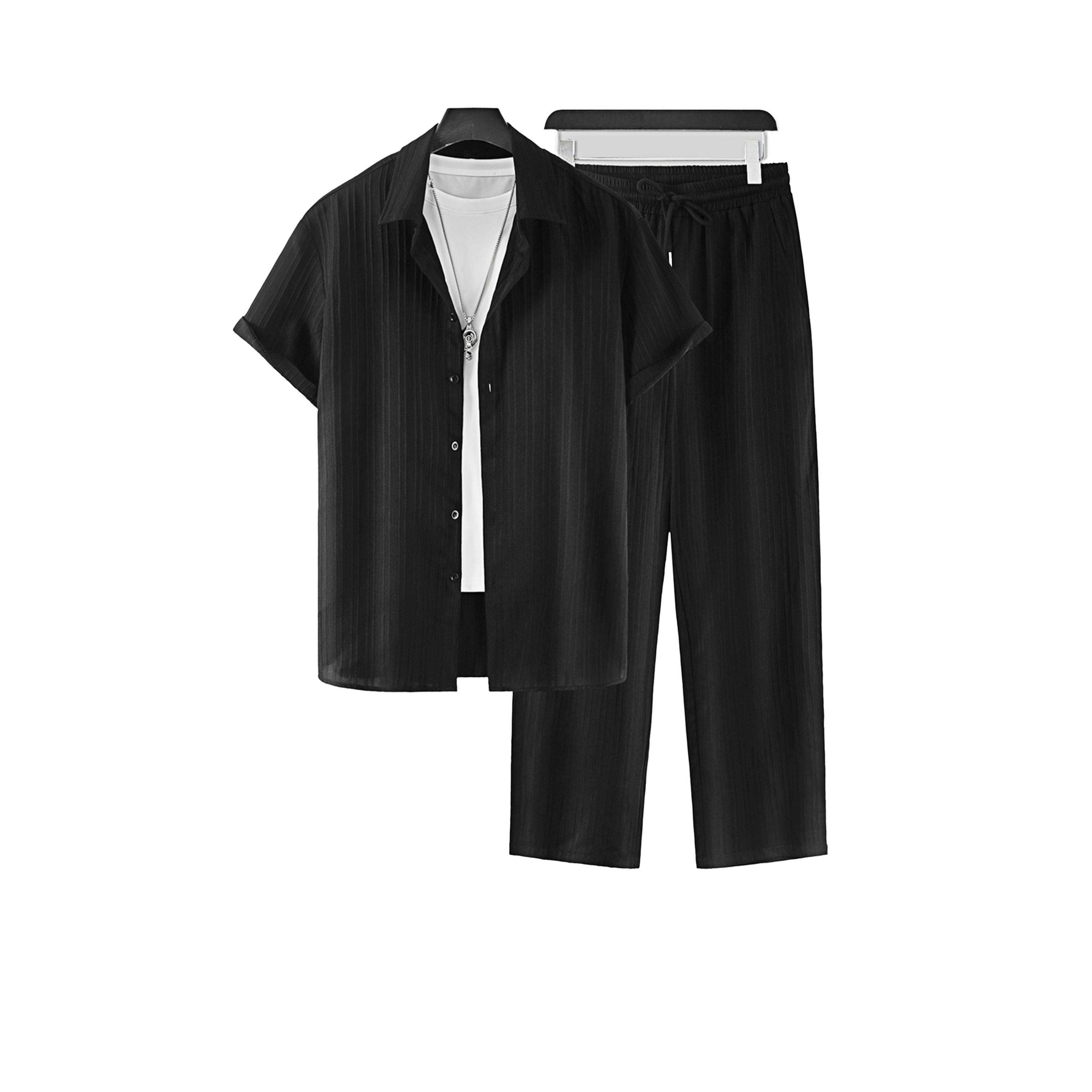طقم منسق من بنطال وبلوزة سادة بأكمام قصيرة-men-clothing-coordsets-image-1
