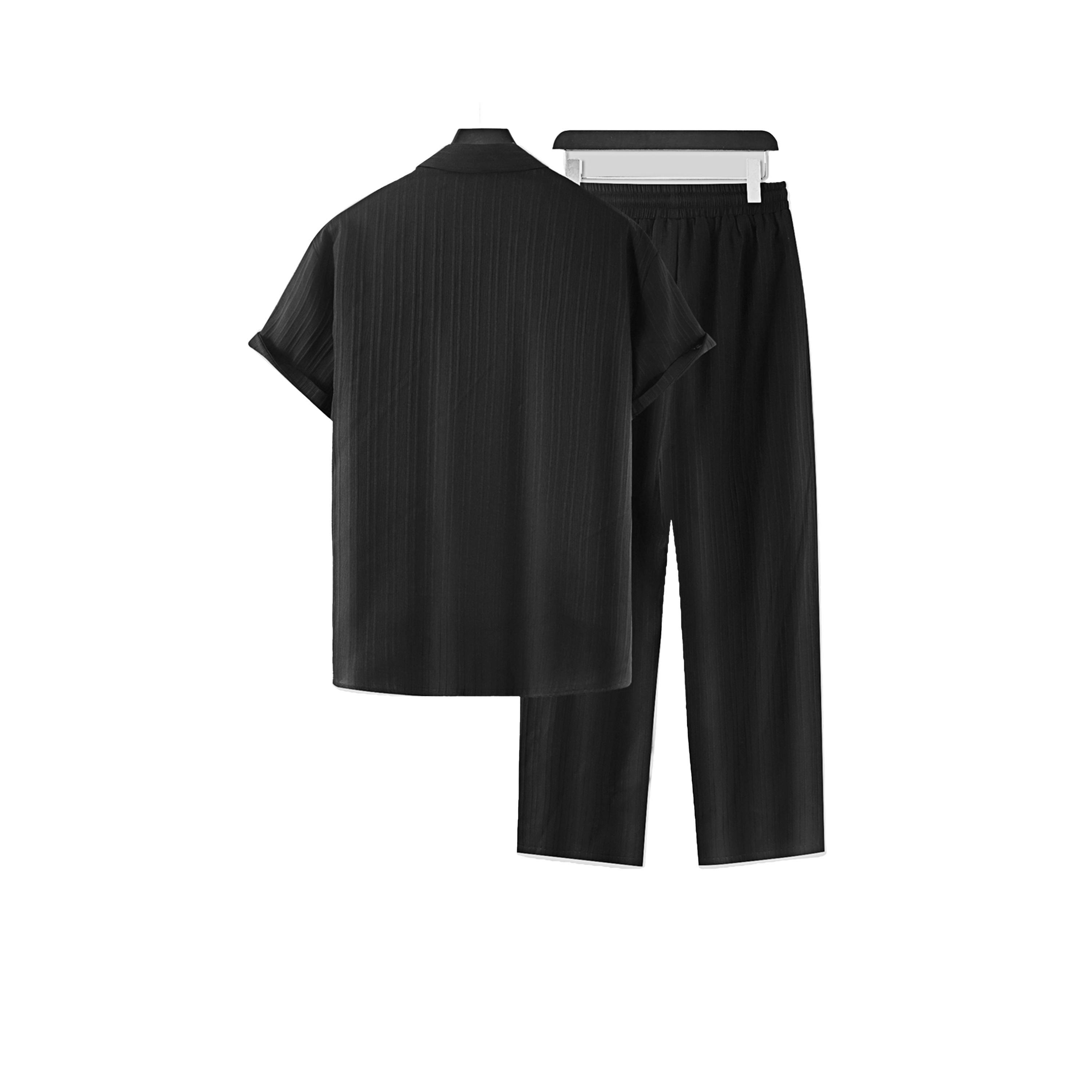 طقم منسق من بنطال وبلوزة سادة بأكمام قصيرة-men-clothing-coordsets-image-2