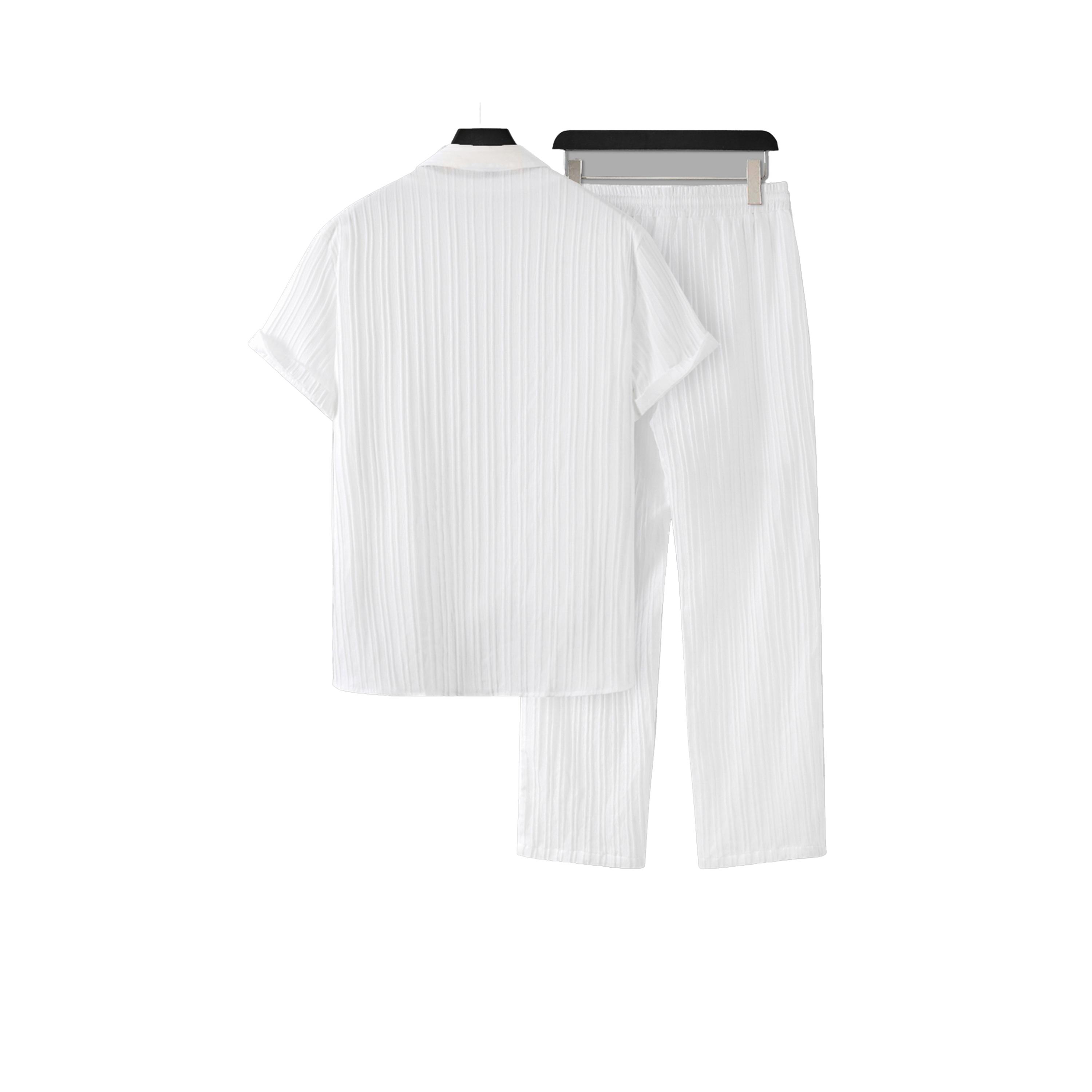 طقم منسق من بنطال وبلوزة سادة بأكمام قصيرة-men-clothing-coordsets-image-2