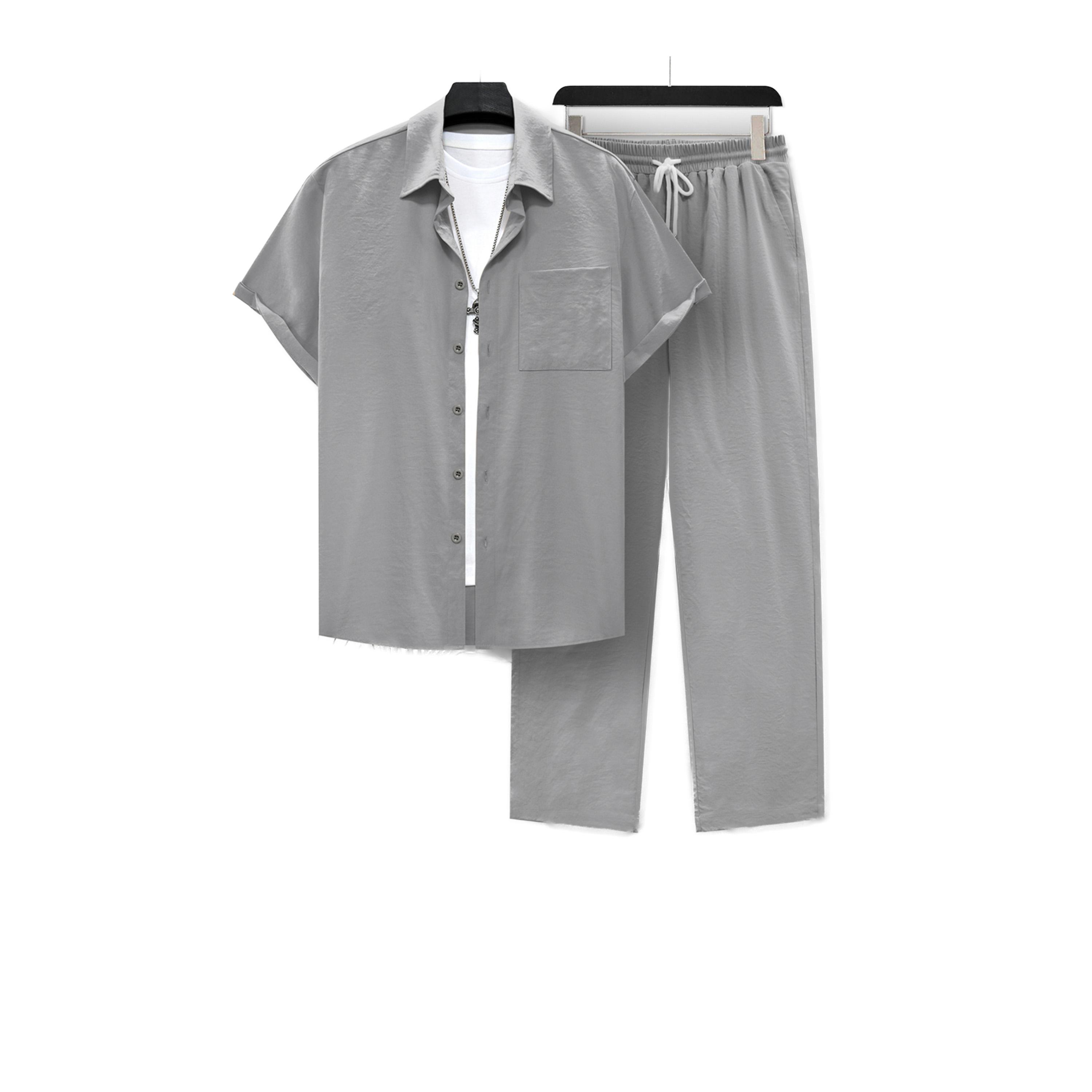 طقم منسق من بنطال وبلوزة سادة بأكمام قصيرة-men-clothing-coordsets-image-1