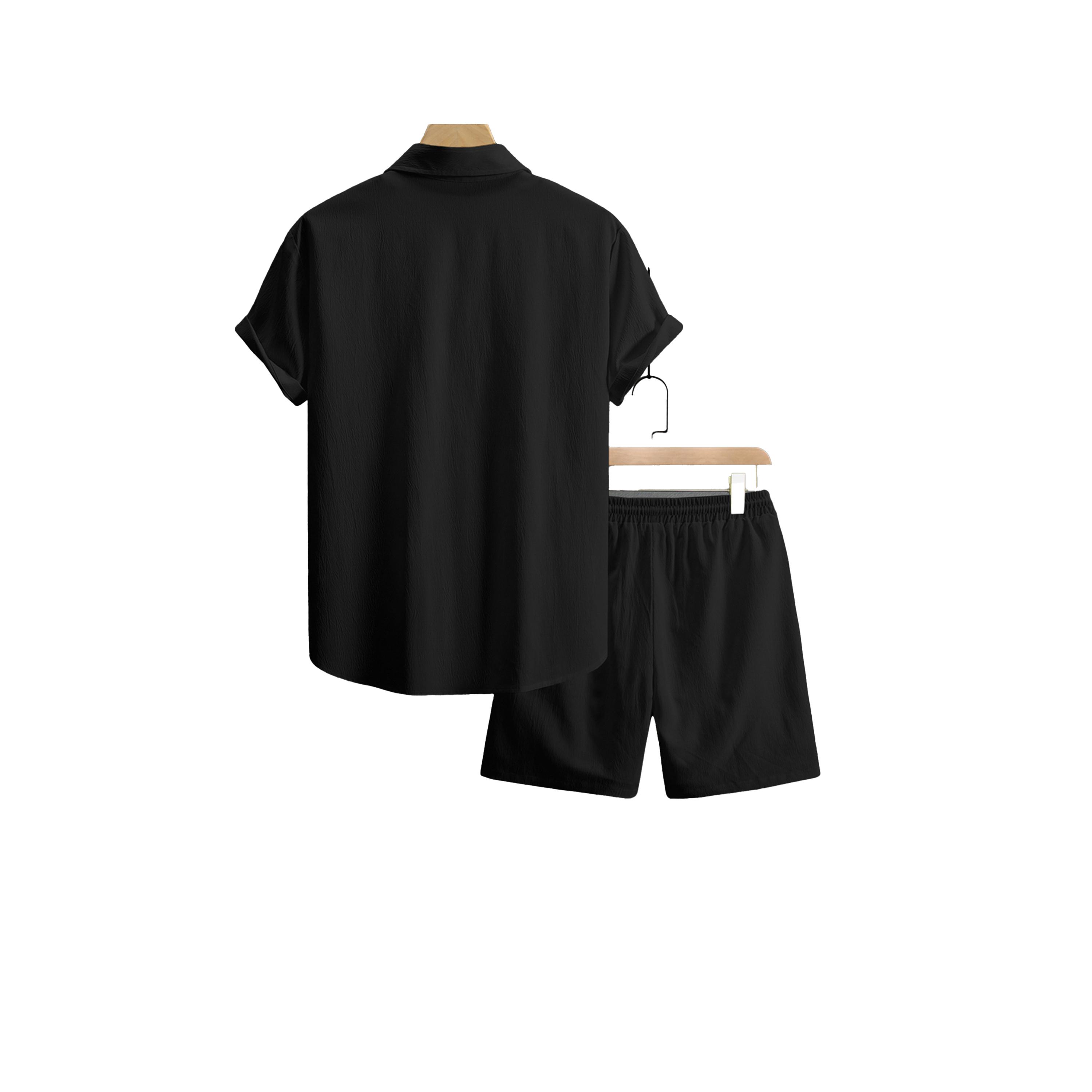 طقم منسق من بنطال وبلوزة سادة بأكمام قصيرة-men-clothing-coordsets-image-2