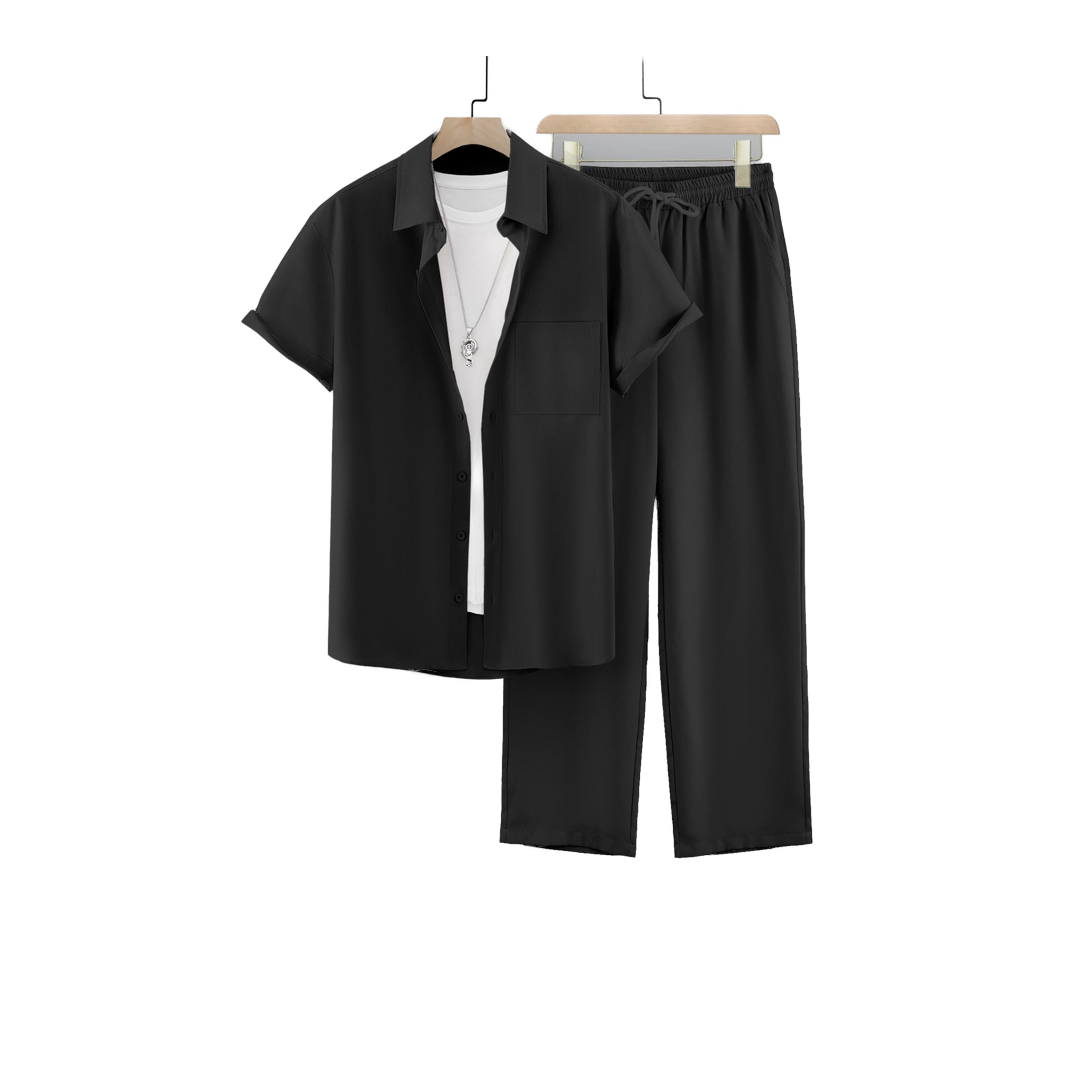 طقم منسق من بنطال وبلوزة سادة بياقة سبريد-men-clothing-coordsets-image-1