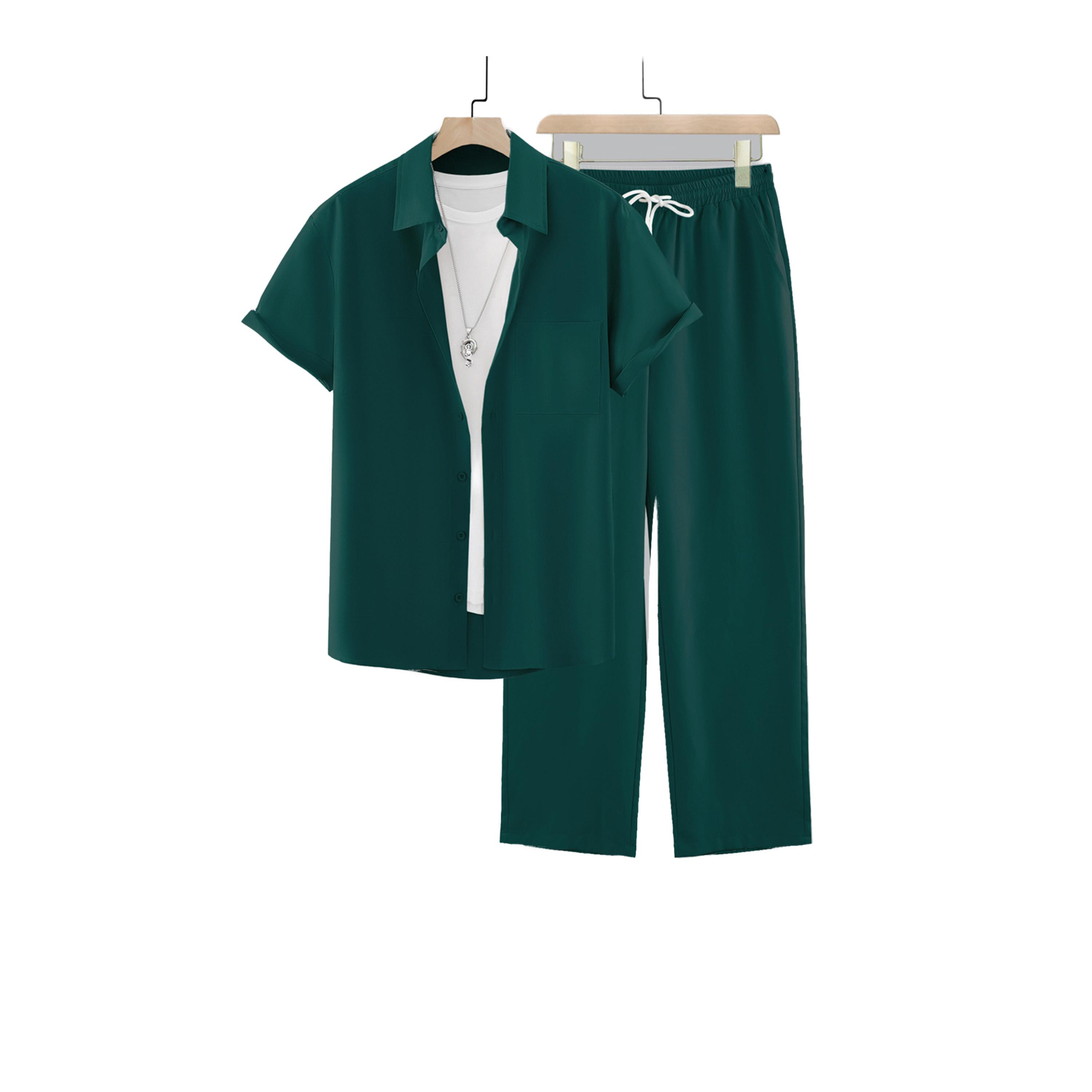 طقم منسق من بنطال وبلوزة سادة بياقة سبريد-men-clothing-coordsets-image-5