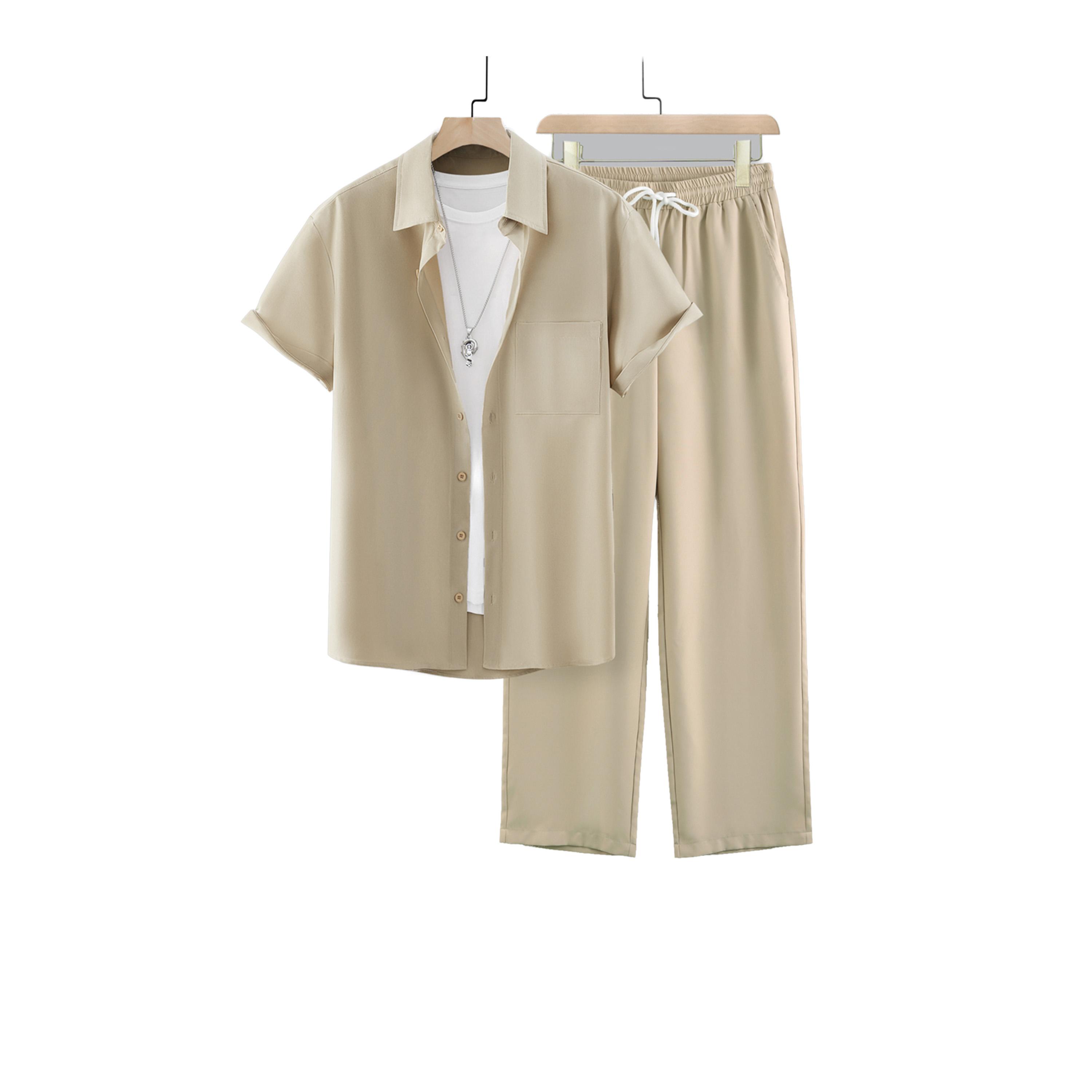 Take Two Solid Spread Collar Short Sleeve Shirt and Trousers Co-Ords-men-clothing-coordsets-image-1