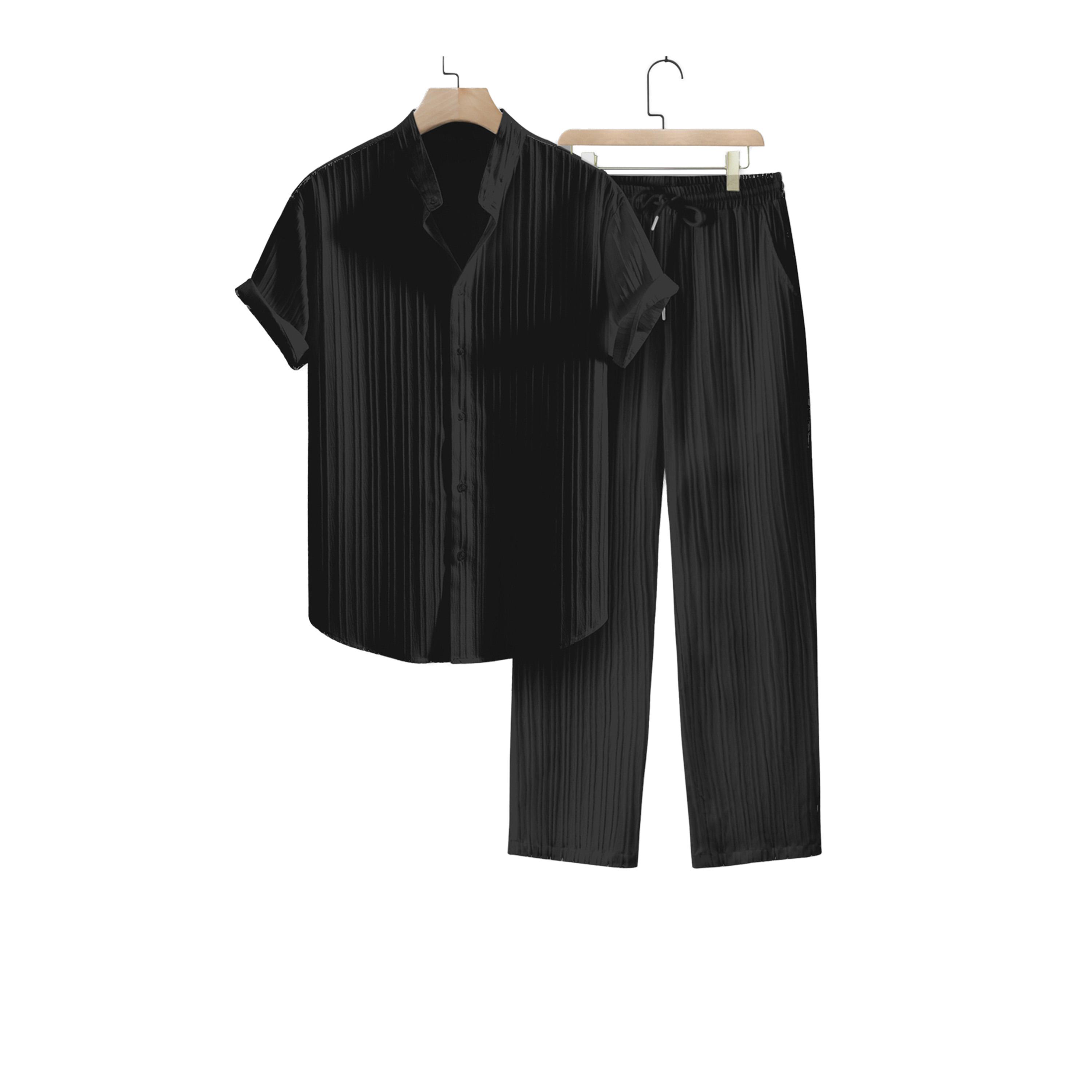طقم منسق من بنطال وبلوزة مخططة بياقة قائمة-men-clothing-coordsets-image-1