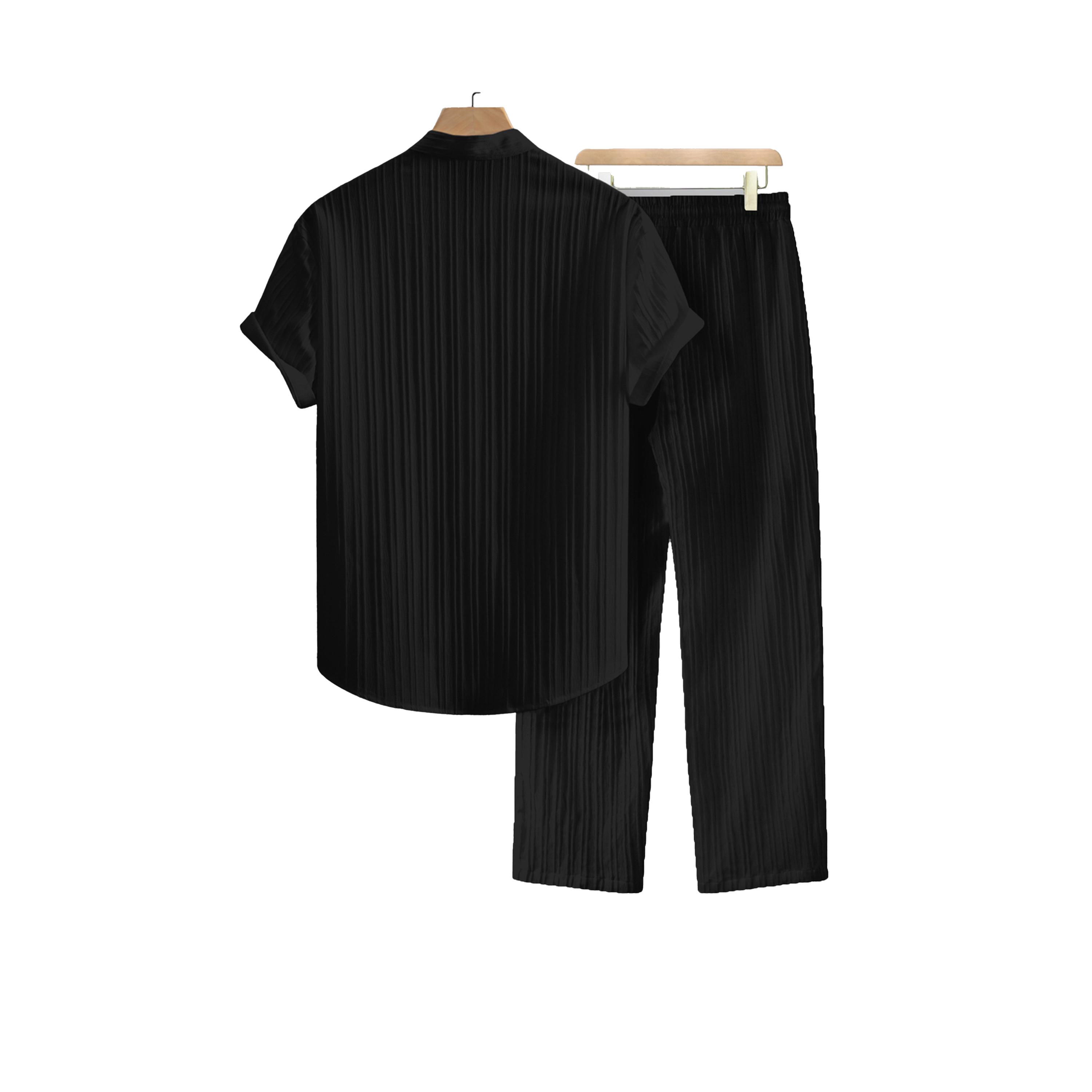 طقم منسق من بنطال وبلوزة مخططة بياقة قائمة-men-clothing-coordsets-image-2