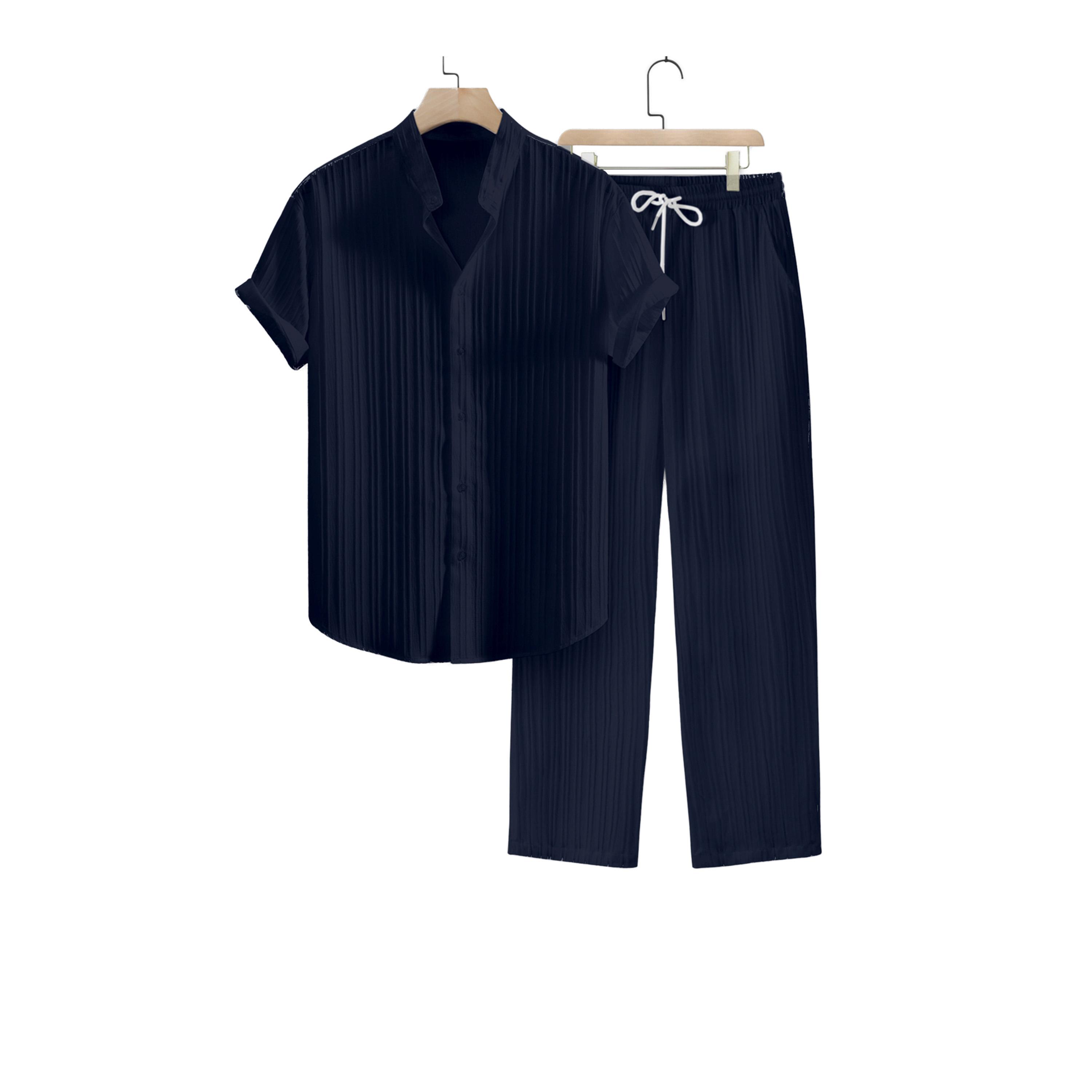 Take Two Striped Stand Collar Short Sleeve Shirt and Trousers Co-Ords-men-clothing-coordsets-image-1