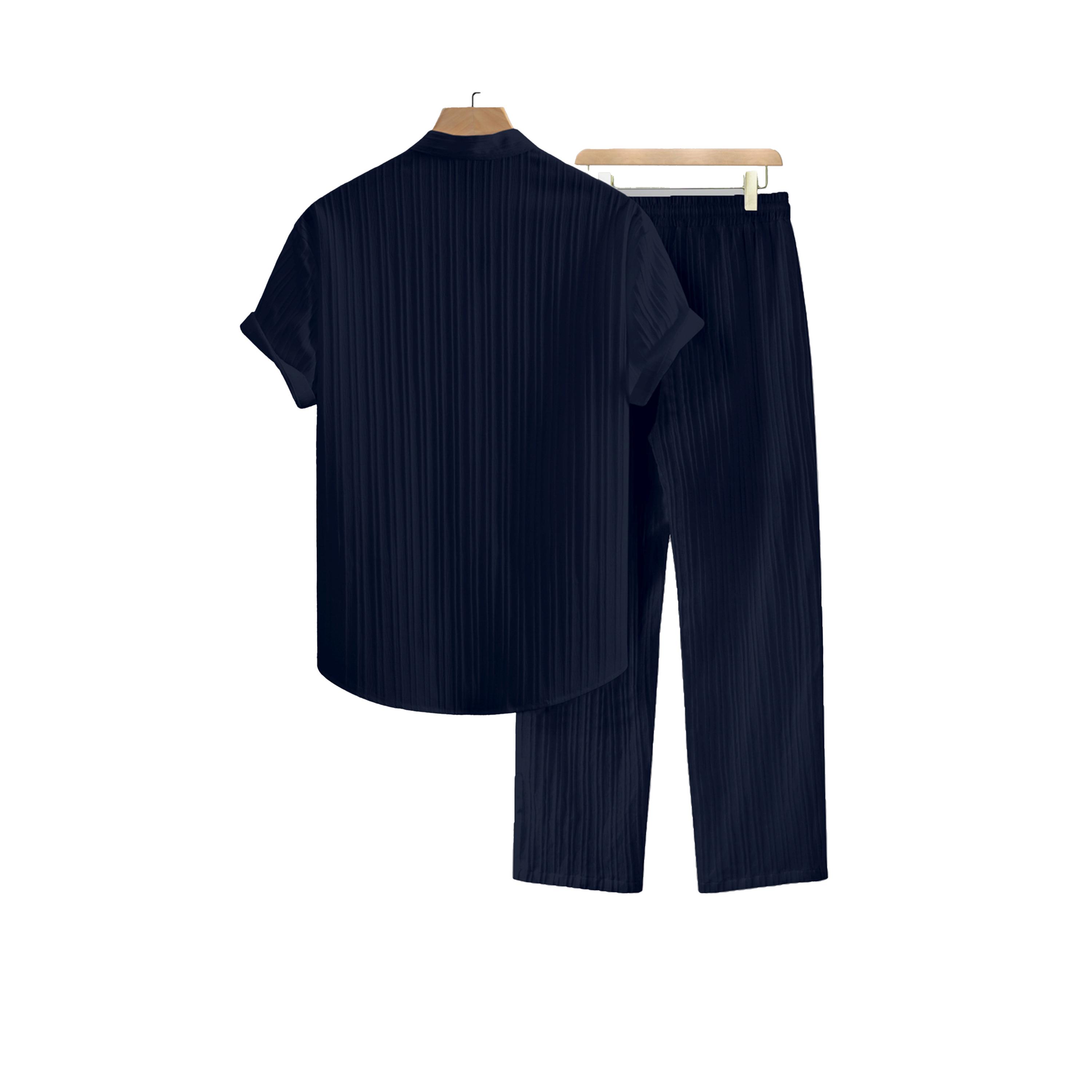 طقم منسق من بنطال وبلوزة مخططة بياقة قائمة-men-clothing-coordsets-image-2