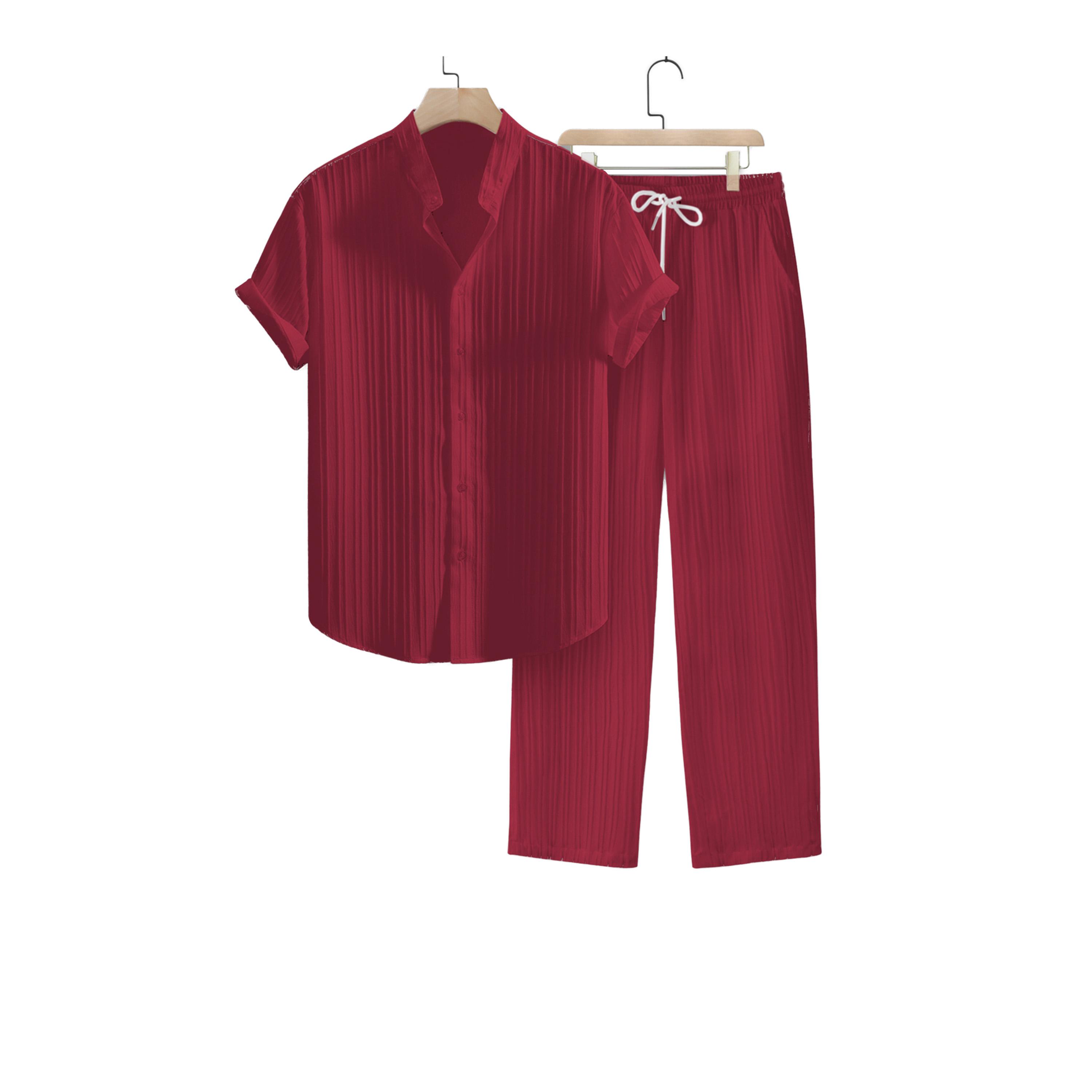 طقم منسق من بنطال وبلوزة مخططة بياقة قائمة-men-clothing-coordsets-image-1