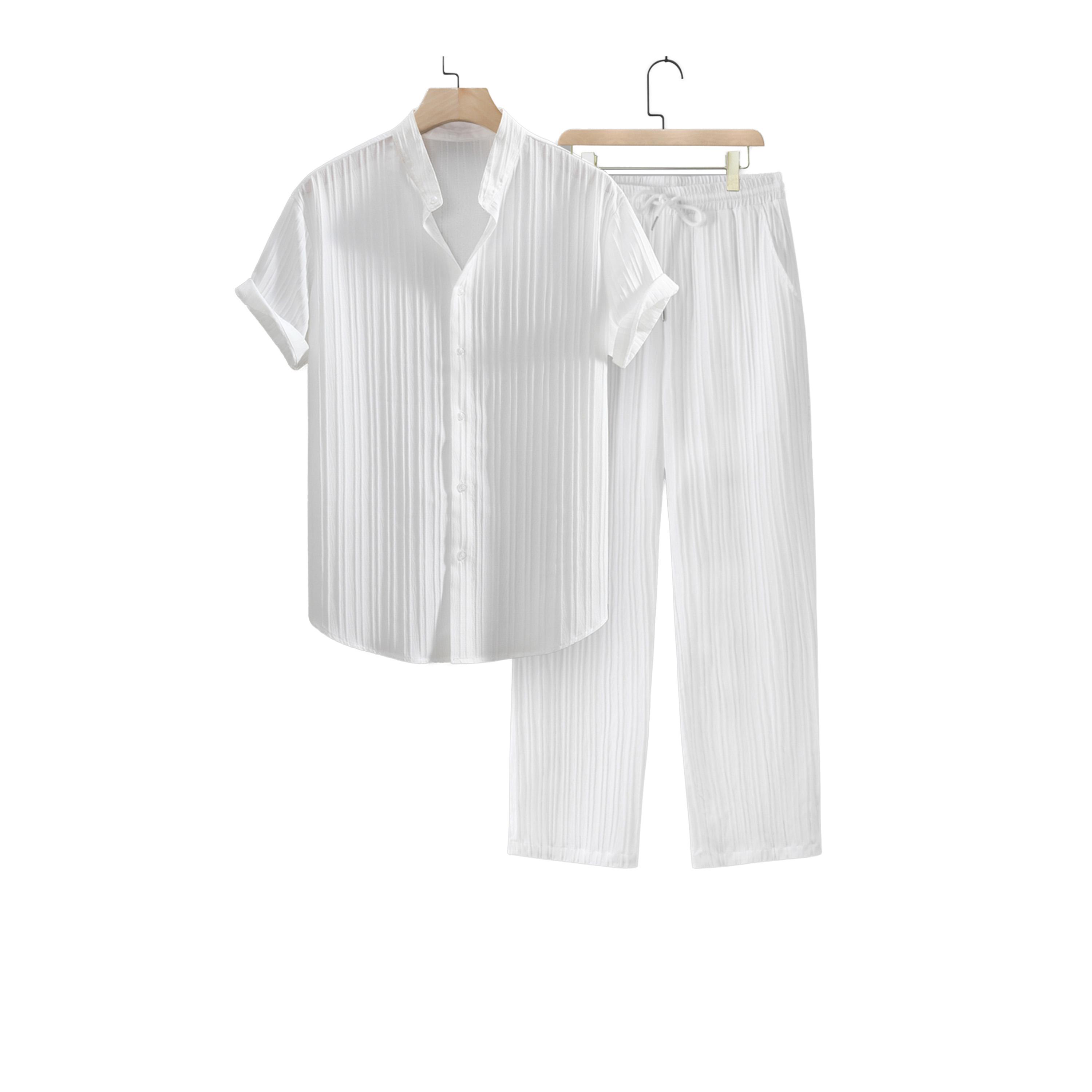طقم منسق من بنطال وقميص سادة بياقة سبريد-men-clothing-coordsets-image-1