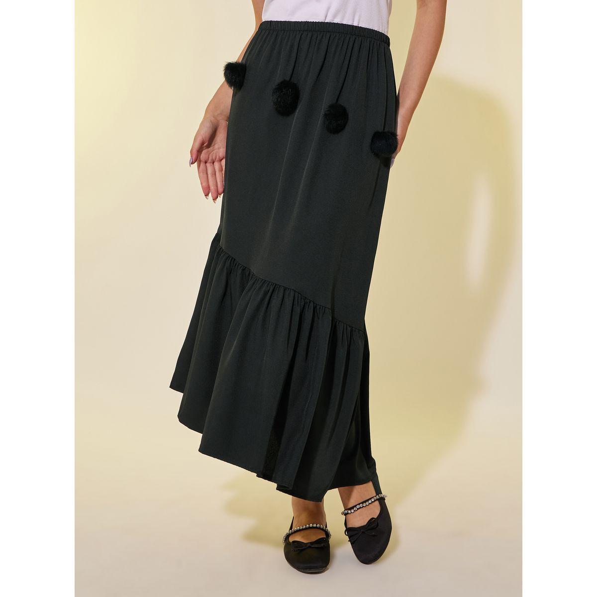 Styli Pom Pom Details Asymmetric Hem Midi Skirt-women-clothing-bottoms-skirts-image-2