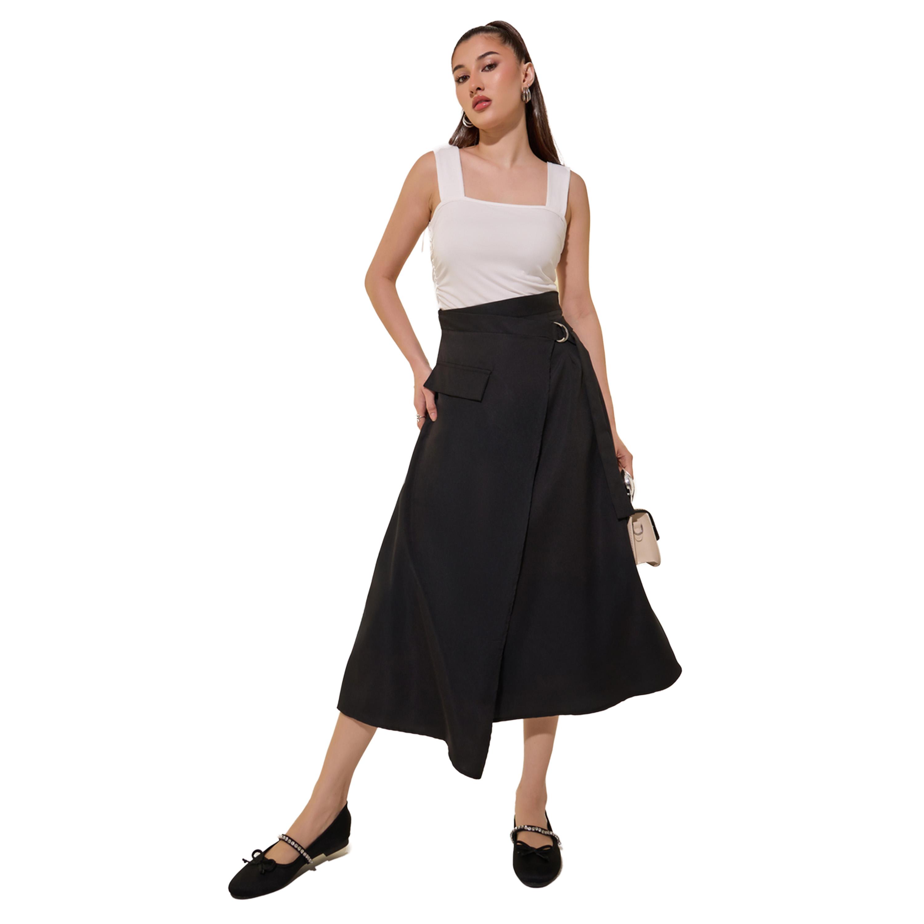 تنورة ميدي سادة بنمط لف وحافة غير متماثلة الطول-women-clothing-bottoms-skirts-image-4