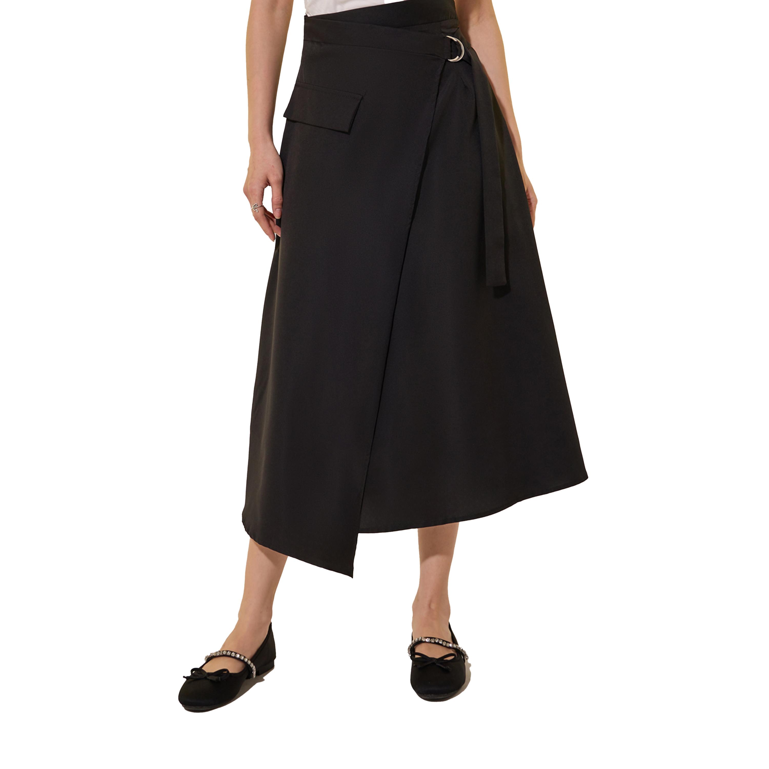 تنورة ميدي سادة بنمط لف وحافة غير متماثلة الطول-women-clothing-bottoms-skirts-image-3