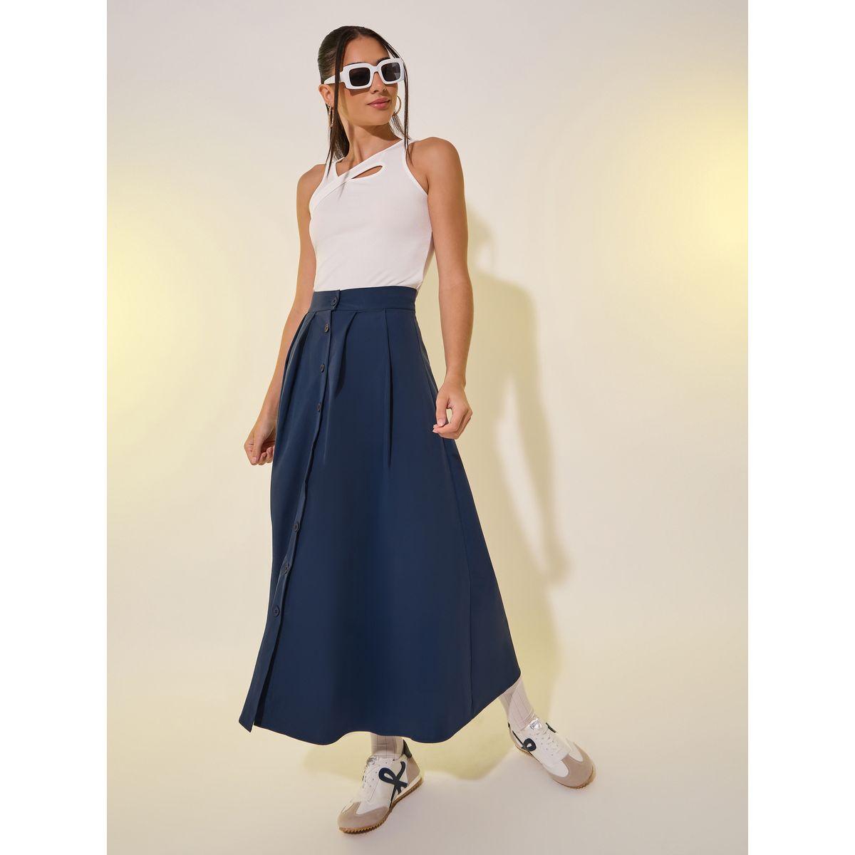 Styli Solid Pleated Button Front A-Line Maxi Skirt-women-clothing-bottoms-skirts-image-1