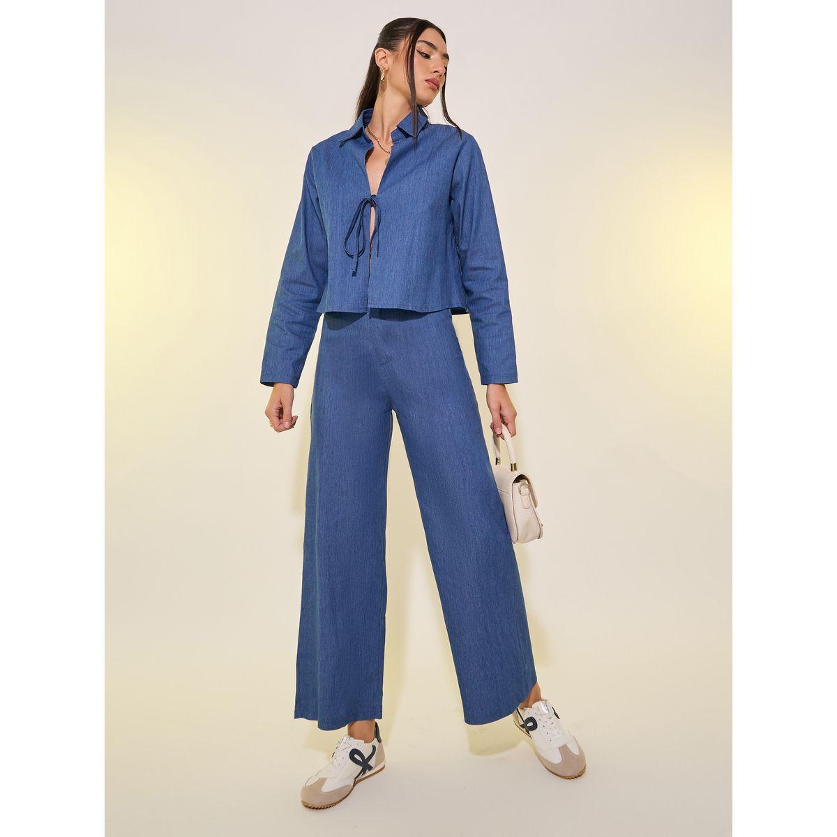 طقم منسق من بنطال وبلوزة سادة بأربطة-women-clothing-coordsets-image-1