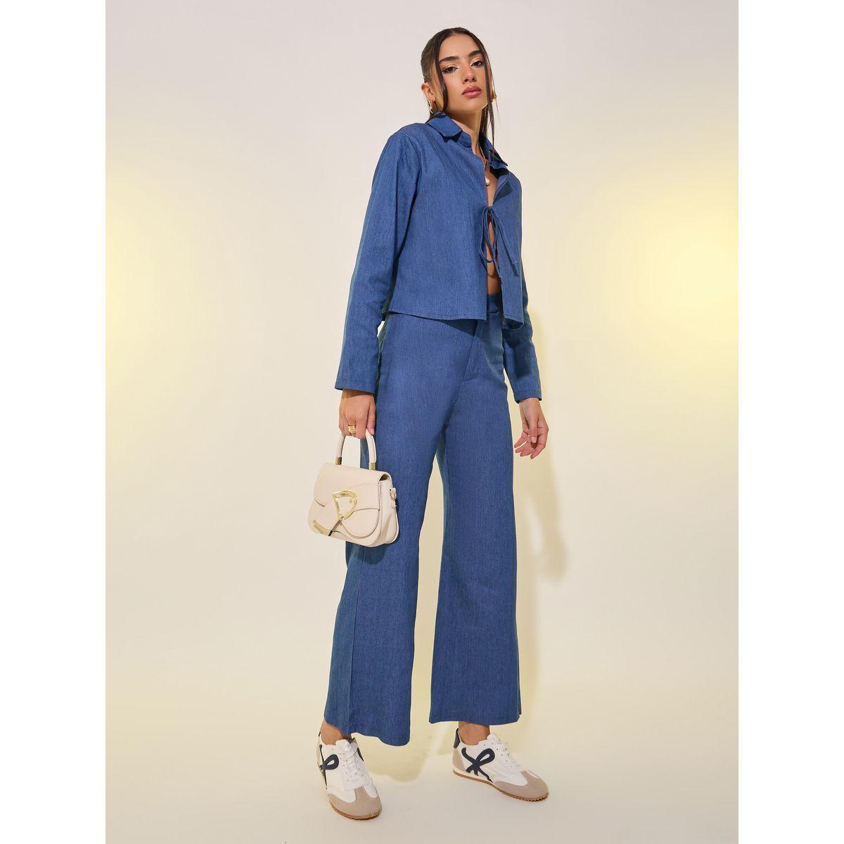 Styli Plain Denim Look Tie Front Blouse and Pants Co-Ords-women-clothing-coordsets-image-2