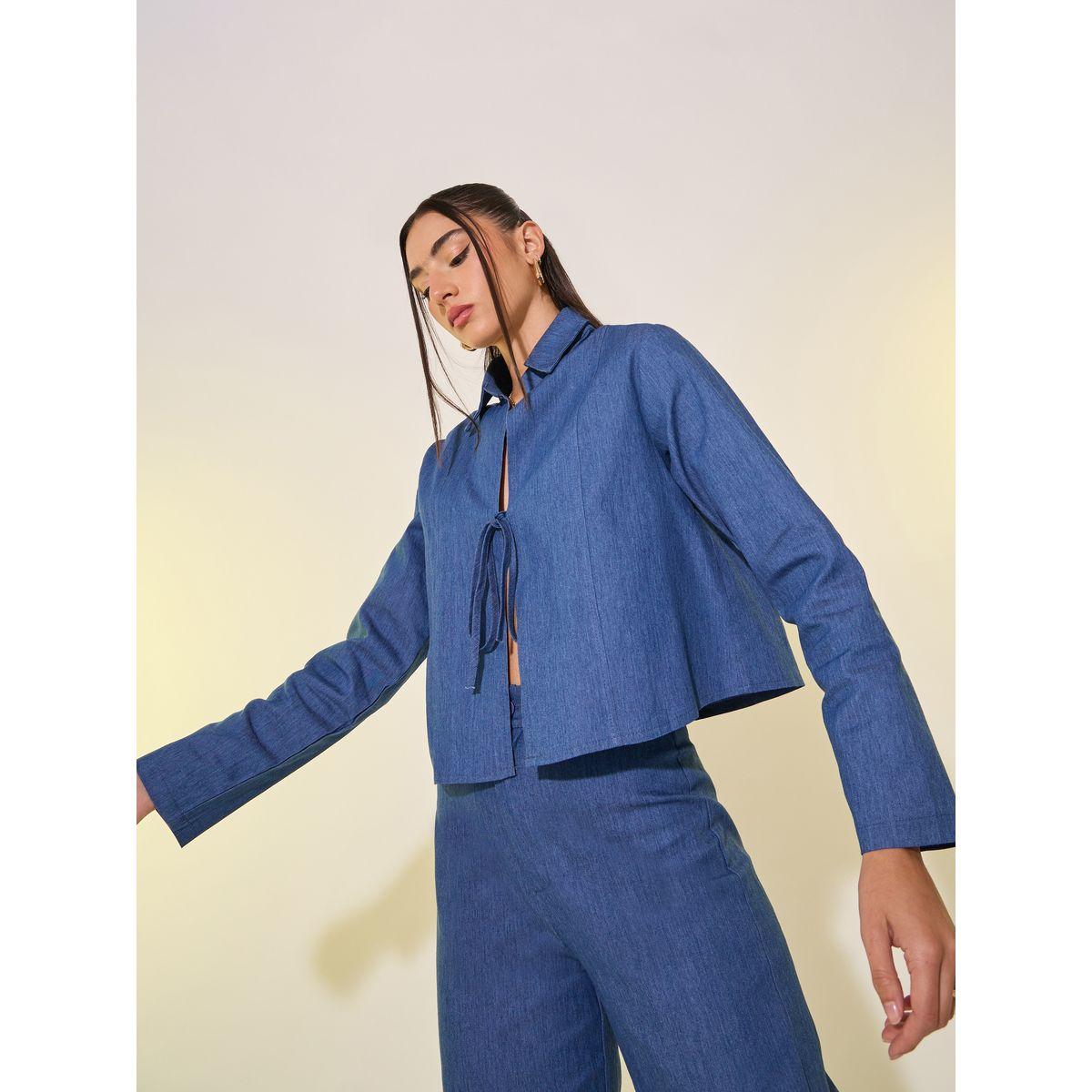 Styli Plain Denim Look Tie Front Blouse and Pants Co-Ords-women-clothing-coordsets-image-4