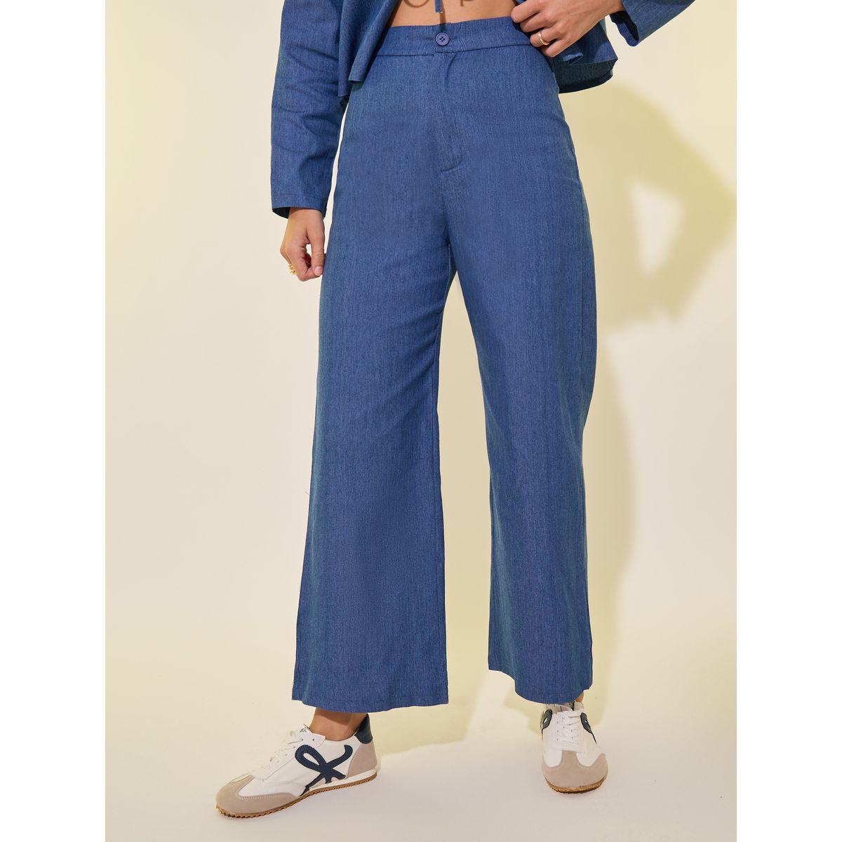 Styli Plain Denim Look Tie Front Blouse and Pants Co-Ords-women-clothing-coordsets-image-5