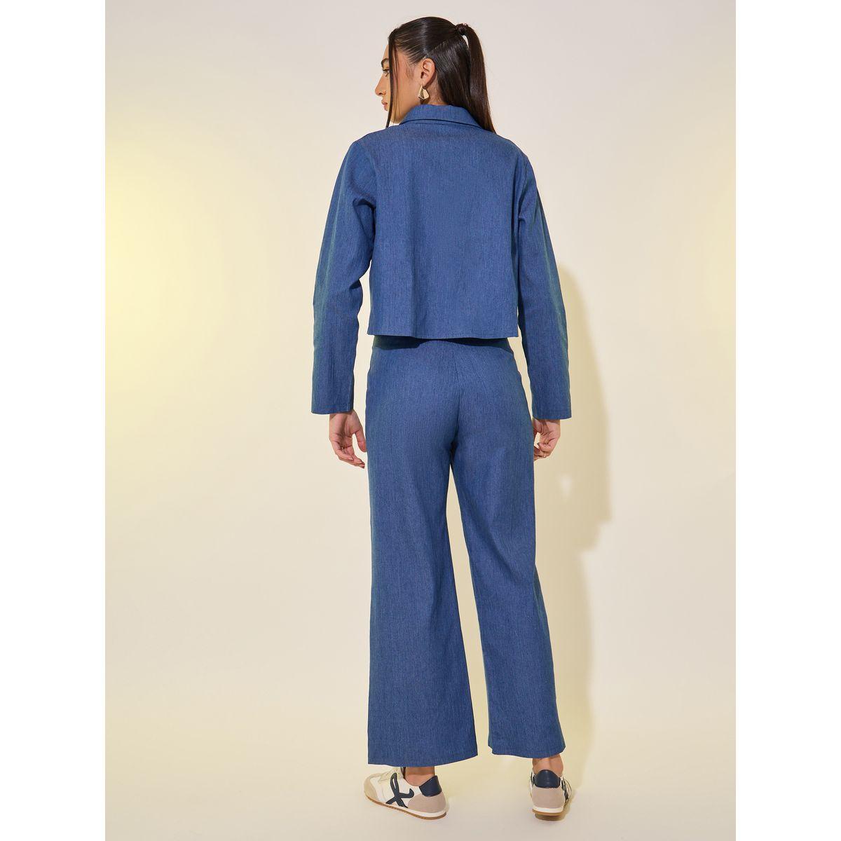 Styli Plain Denim Look Tie Front Blouse and Pants Co-Ords-women-clothing-coordsets-image-6