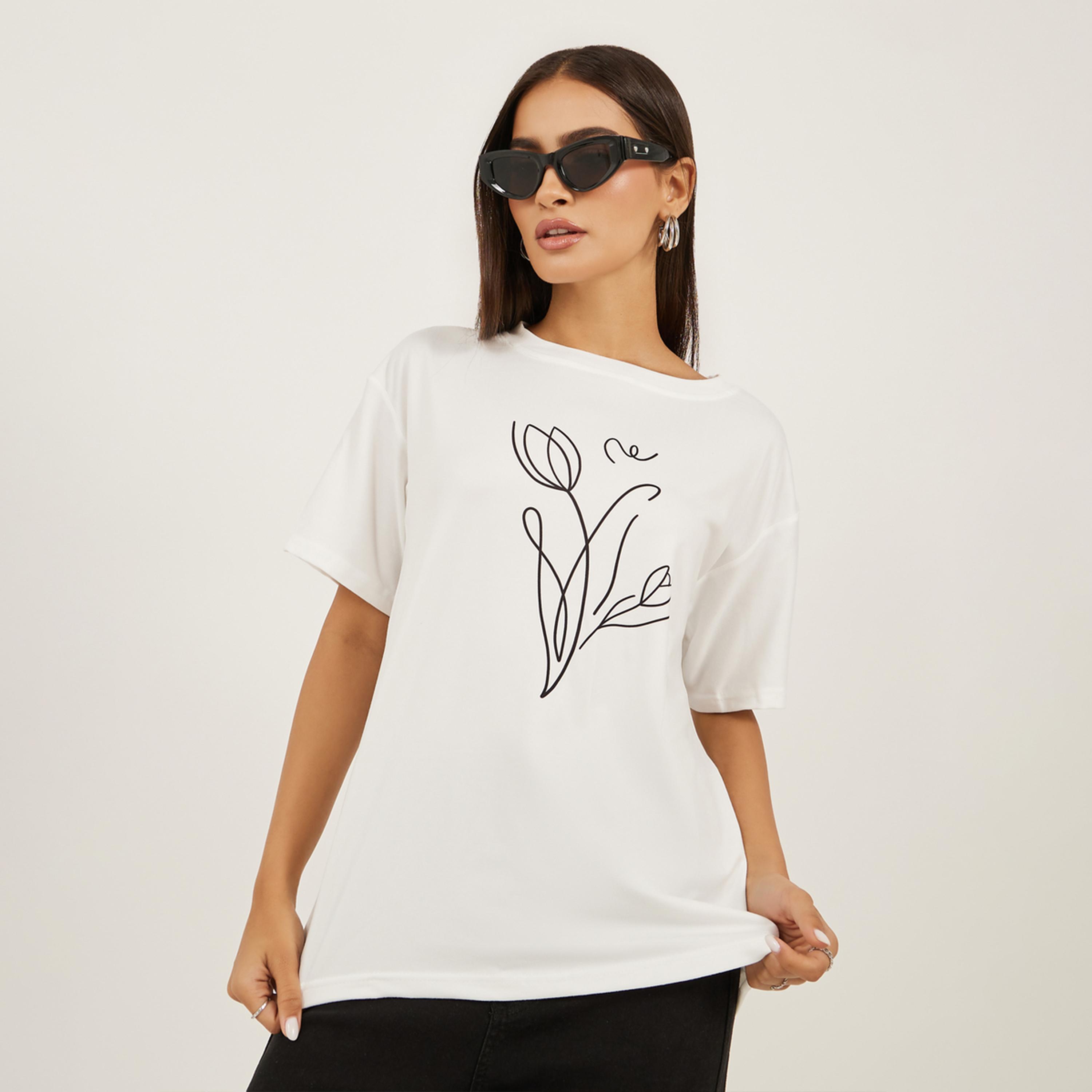 Styli Women White Graphic Print Short Sleeve Oversized T-Shirt-women-clothing-tshirts-image-1