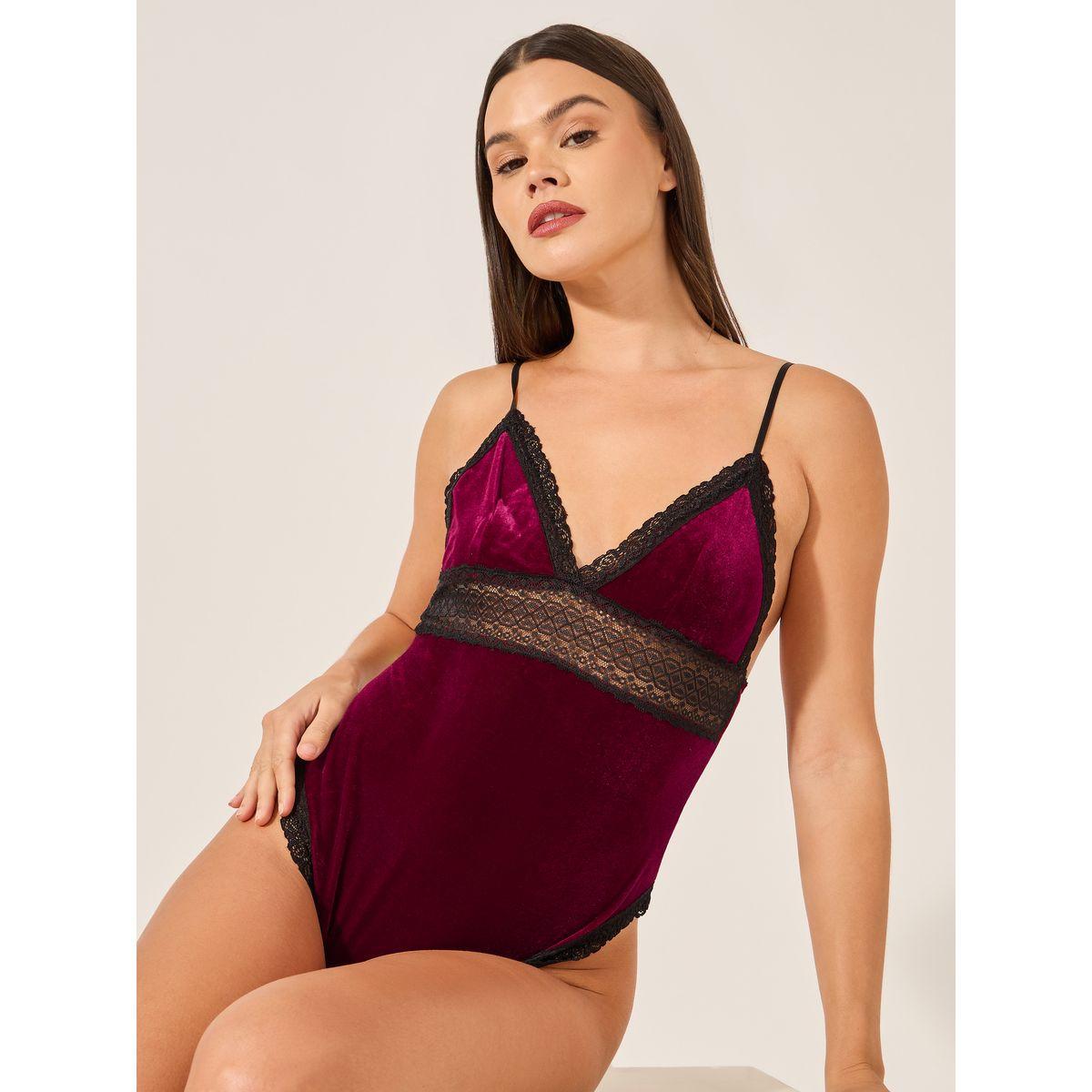 Styli Lace Insert Velvet Bodysuit-women-clothing-lingerie-corsets-image-1