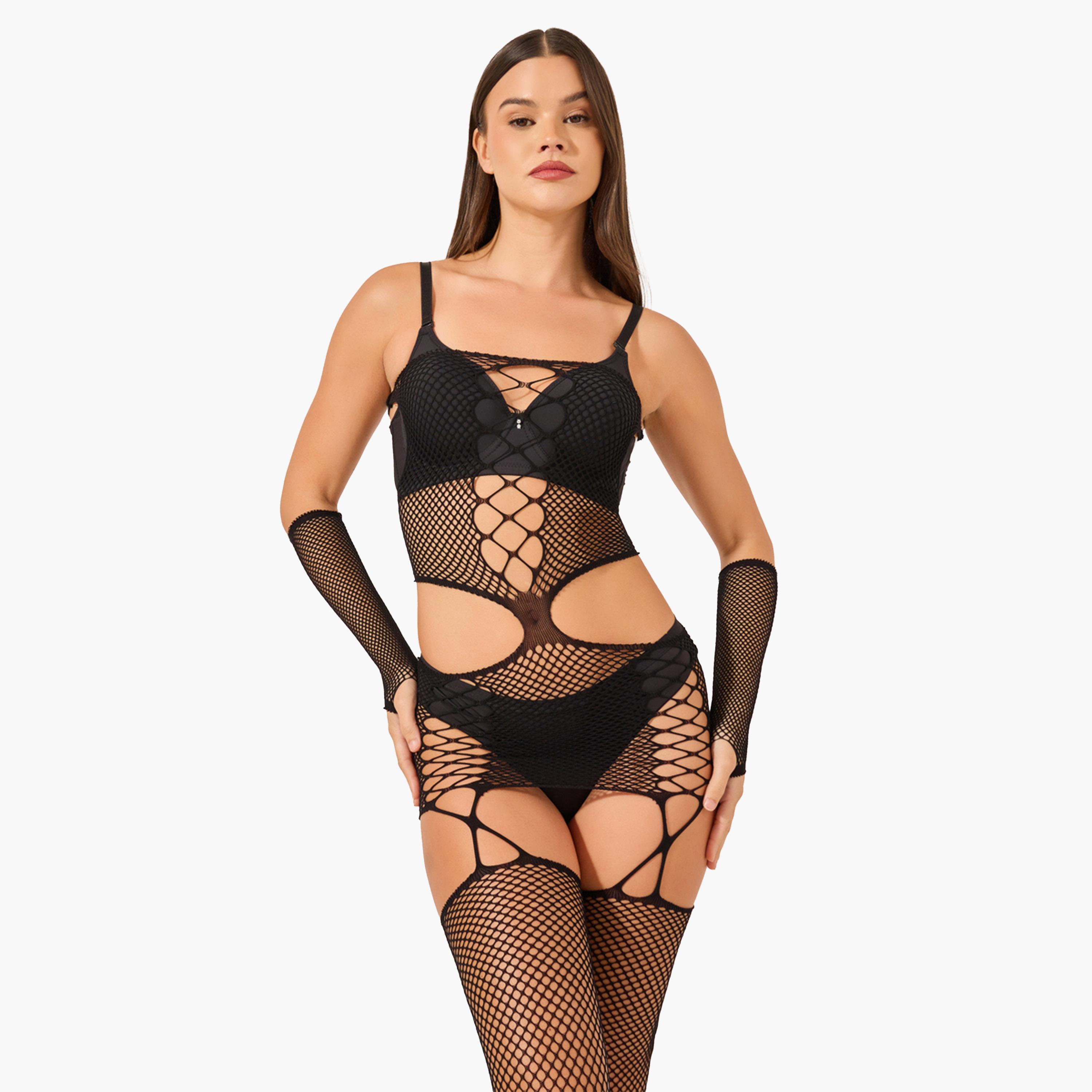 Styli Mesh Bodysuit with Elbow Length Gloves-women-clothing-lingerie-corsets-image-3