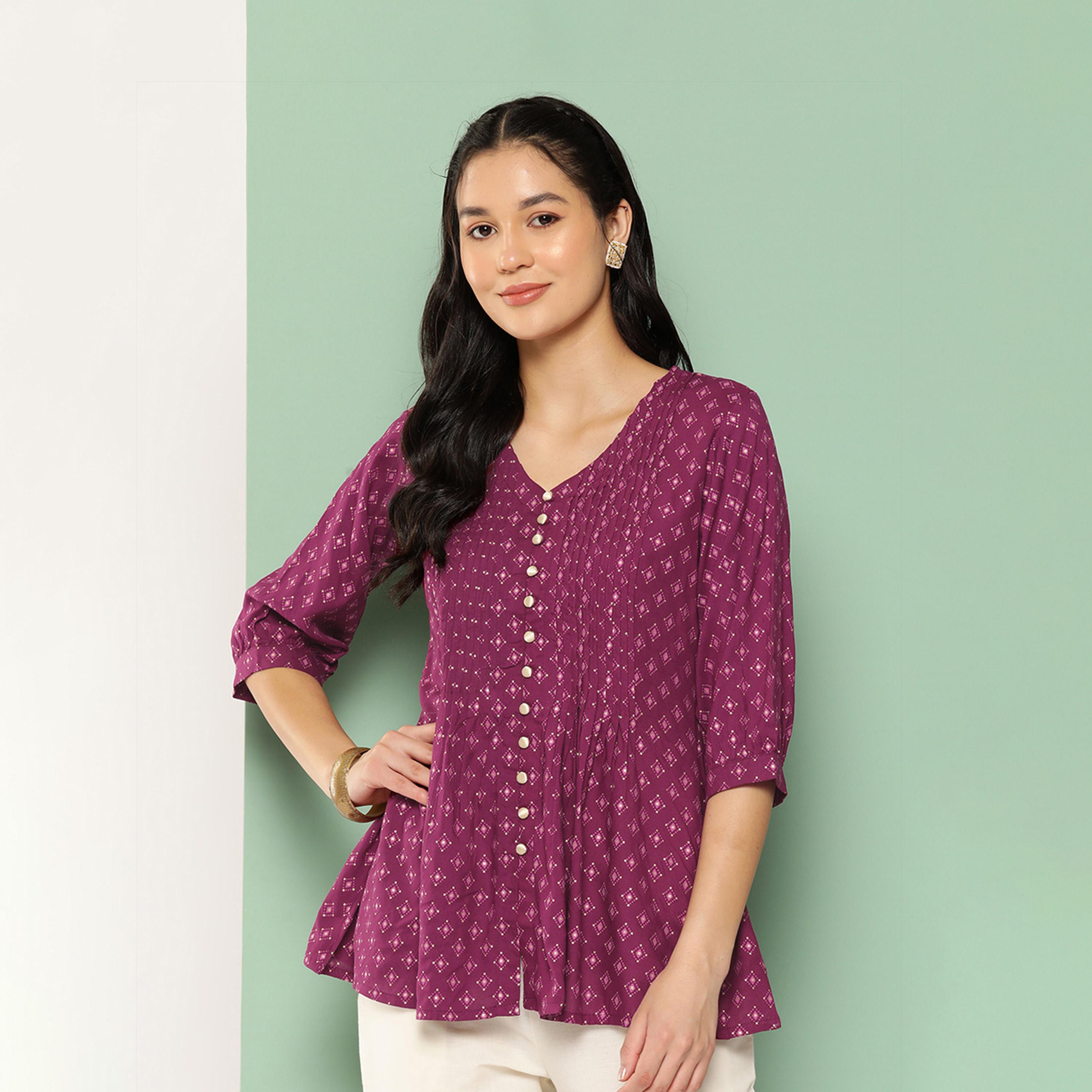 Libas X Styli Wine viscose rayon geometric printed with pleated design and potli button detail flared kurti-women-clothing-ethnicwear-kurtas-image-1