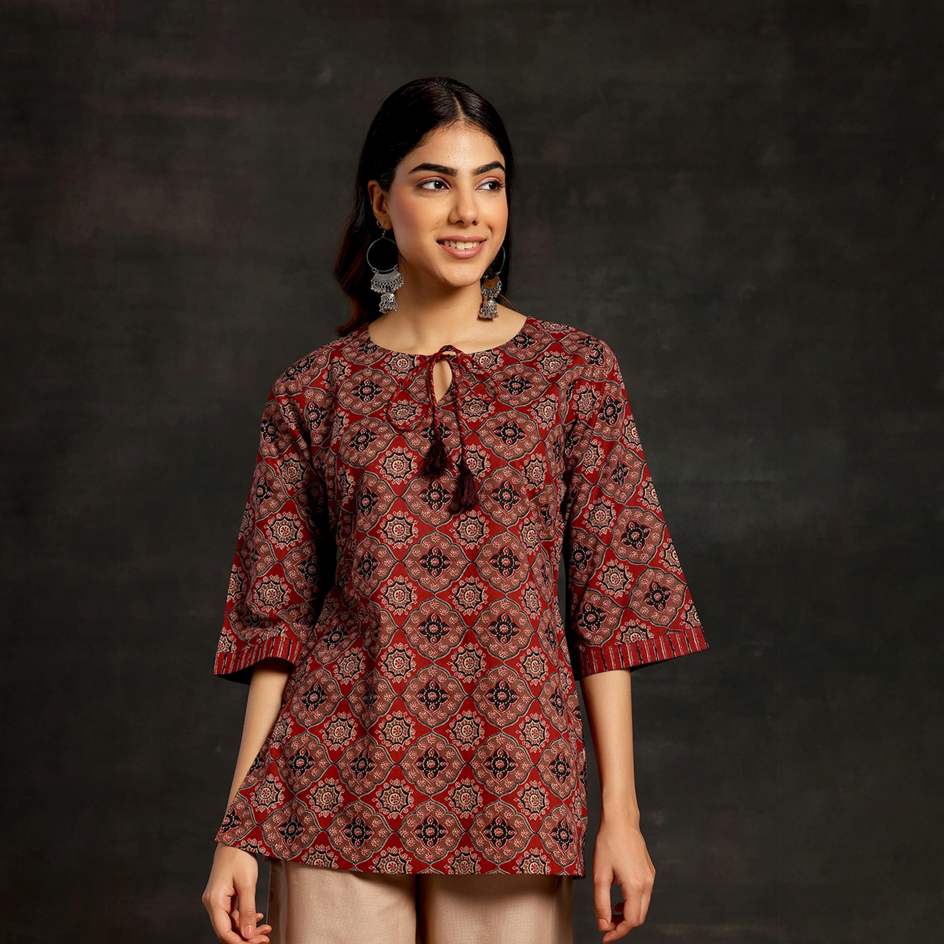 Libas X Styli Women ethnic motif printed maroon kurti with flared sleeves-women-clothing-ethnicwear-kurtas-image-1