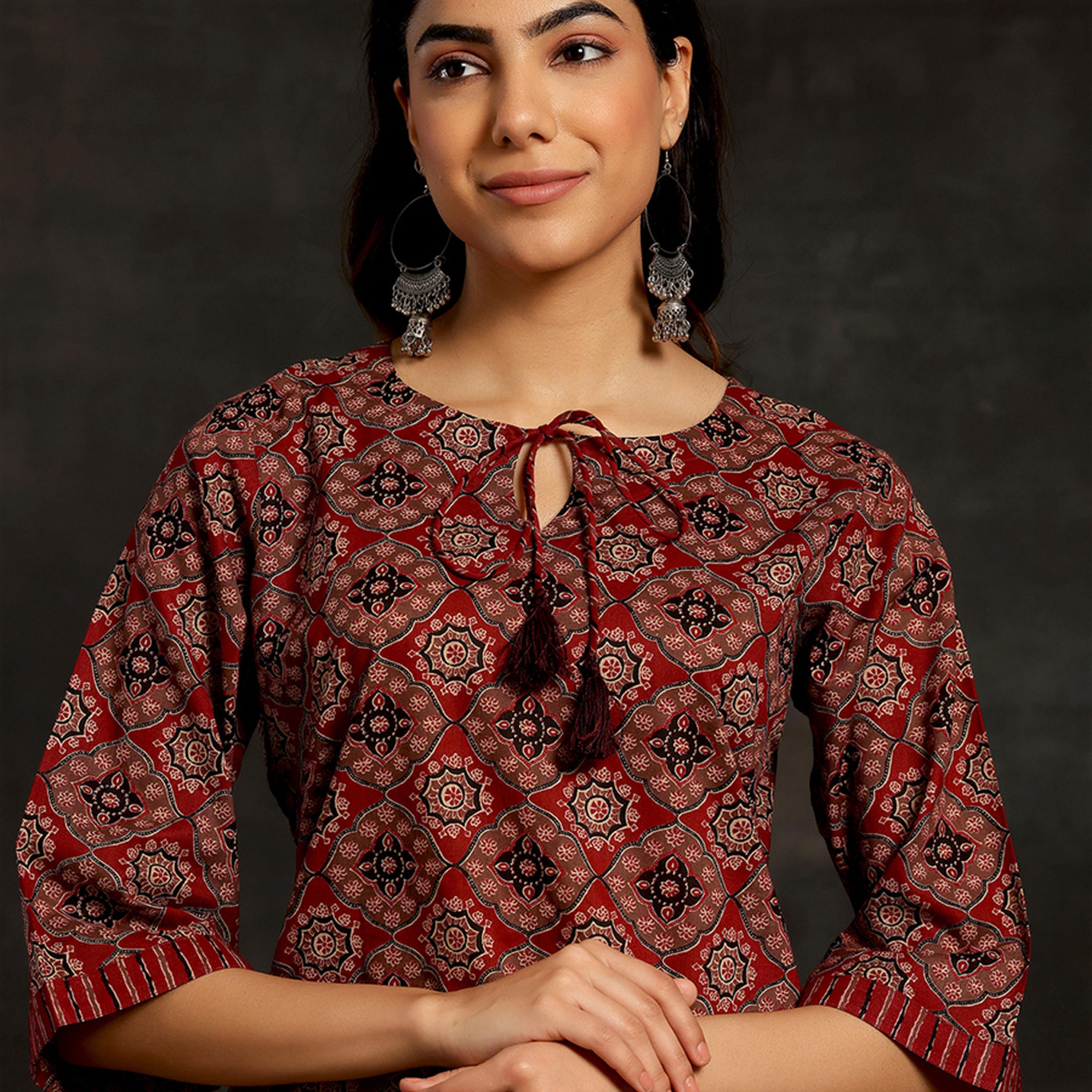 Libas X Styli Women ethnic motif printed maroon kurti with flared sleeves-women-clothing-ethnicwear-kurtas-image-4
