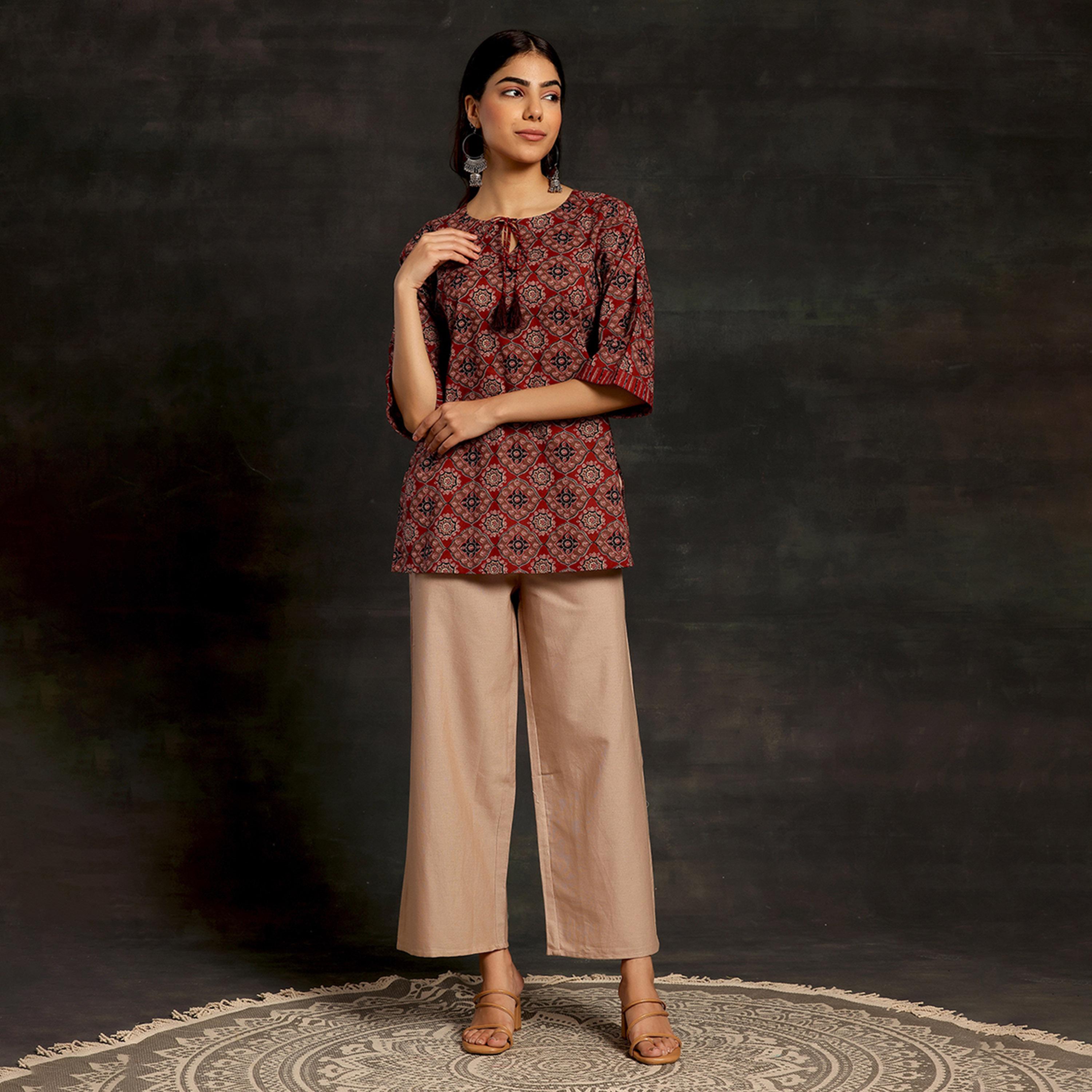 Libas X Styli Women ethnic motif printed maroon kurti with flared sleeves-women-clothing-ethnicwear-kurtas-image-5