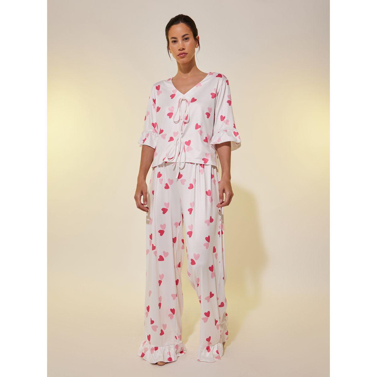 Styli Ruffled Trim Graphic Print Top and Pyjama Set-women-clothing-nightwear-pyjamas-longsets-image-1