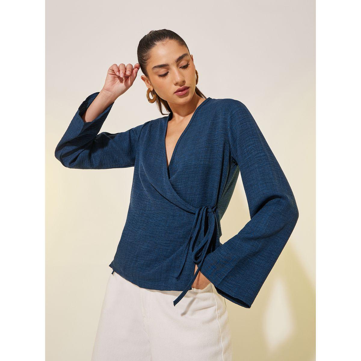 بلوزة سادة بنمط لف وأكمام طويلة مع أربطة-women-clothing-shirtsandblouses-blouses-image-1