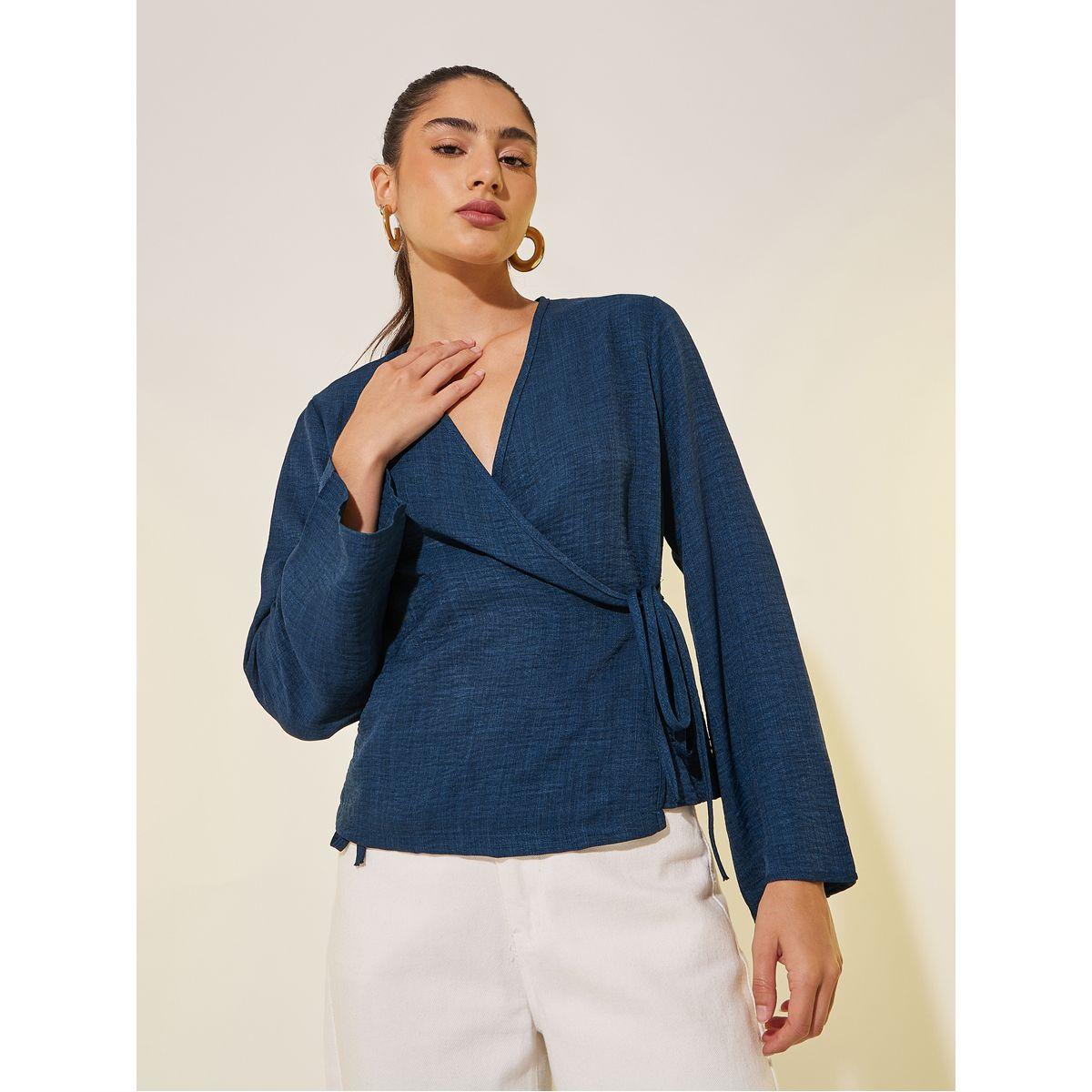 بلوزة سادة بنمط لف وأكمام طويلة مع أربطة-women-clothing-shirtsandblouses-blouses-image-3
