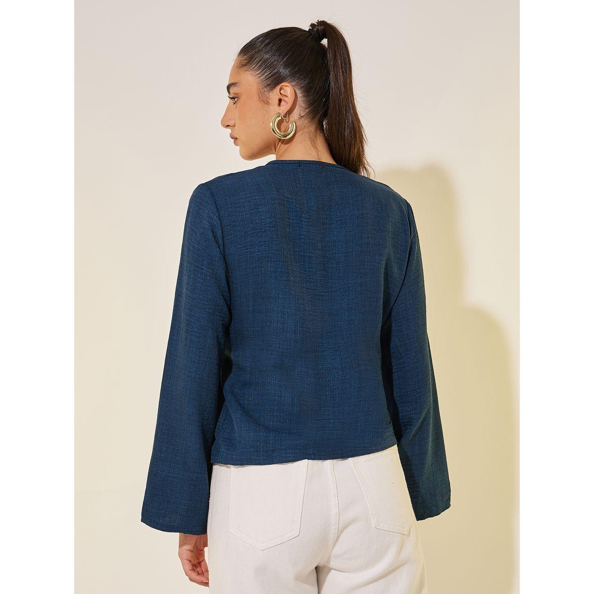 بلوزة سادة بنمط لف وأكمام طويلة مع أربطة-women-clothing-shirtsandblouses-blouses-image-5