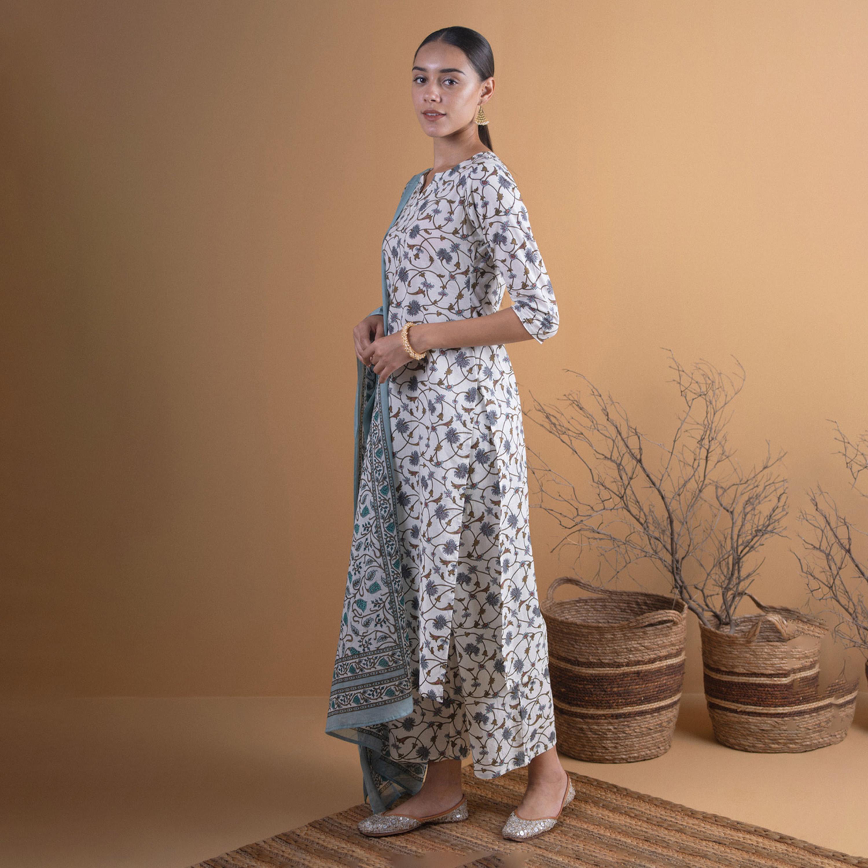 ليباس × ستايلي-  طقم كورتا مستقيم مطبوع مع بنطال بالازو ووشاح دوباتا مطبوع قطن-women-clothing-ethnicwear-sareesets-image-2