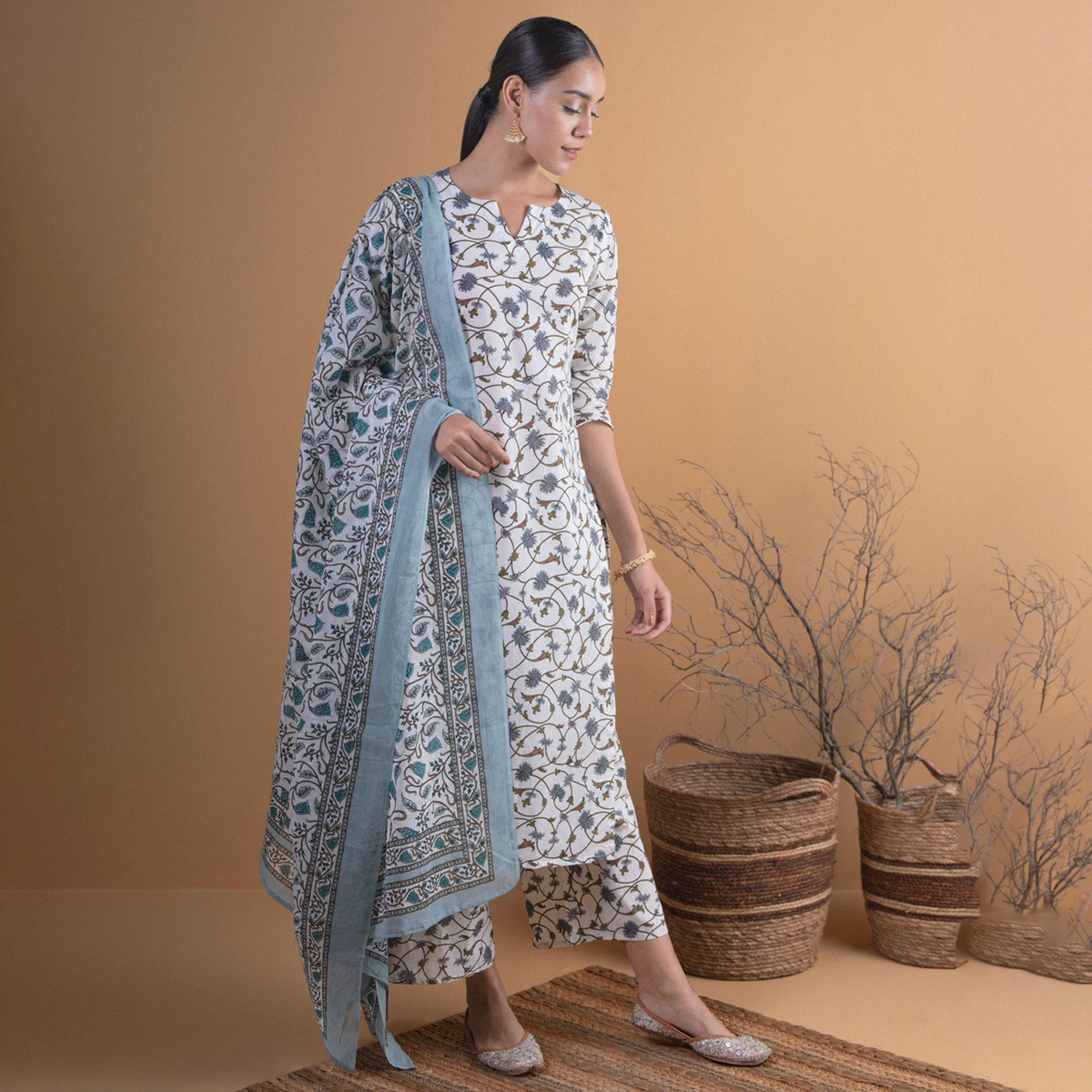 ليباس × ستايلي-  طقم كورتا مستقيم مطبوع مع بنطال بالازو ووشاح دوباتا مطبوع قطن-women-clothing-ethnicwear-sareesets-image-3