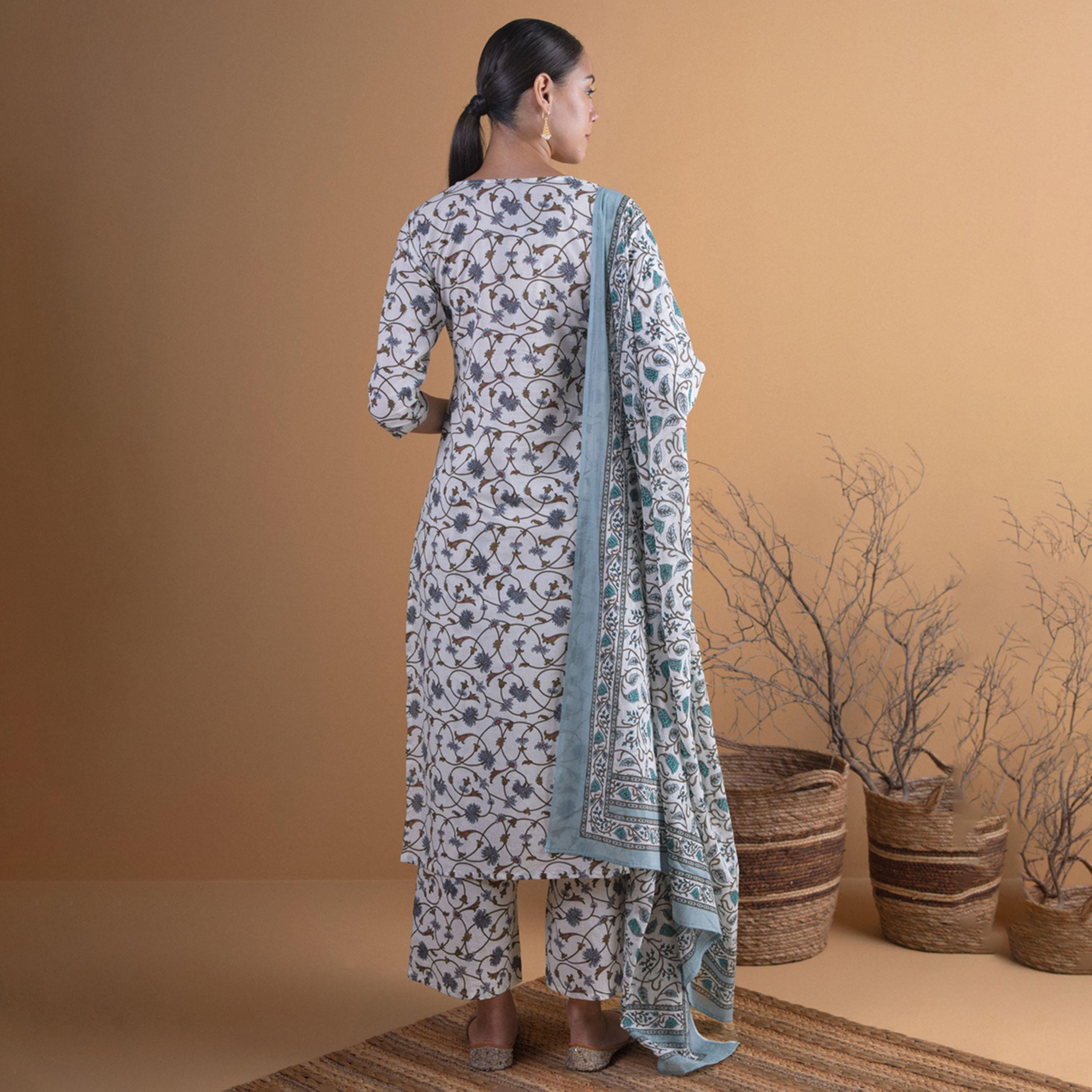ليباس × ستايلي-  طقم كورتا مستقيم مطبوع مع بنطال بالازو ووشاح دوباتا مطبوع قطن-women-clothing-ethnicwear-sareesets-image-4