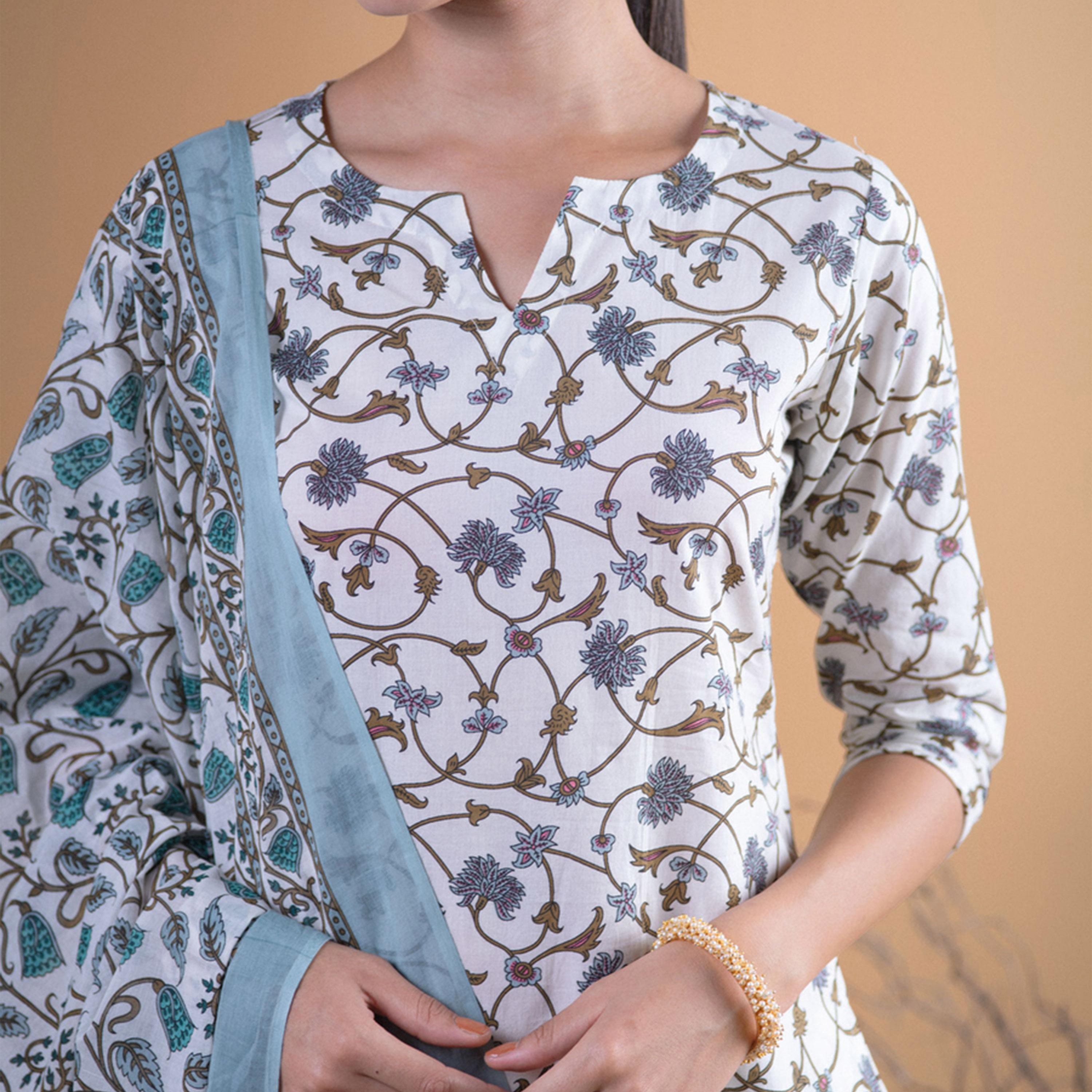 ليباس × ستايلي-  طقم كورتا مستقيم مطبوع مع بنطال بالازو ووشاح دوباتا مطبوع قطن-women-clothing-ethnicwear-sareesets-image-5