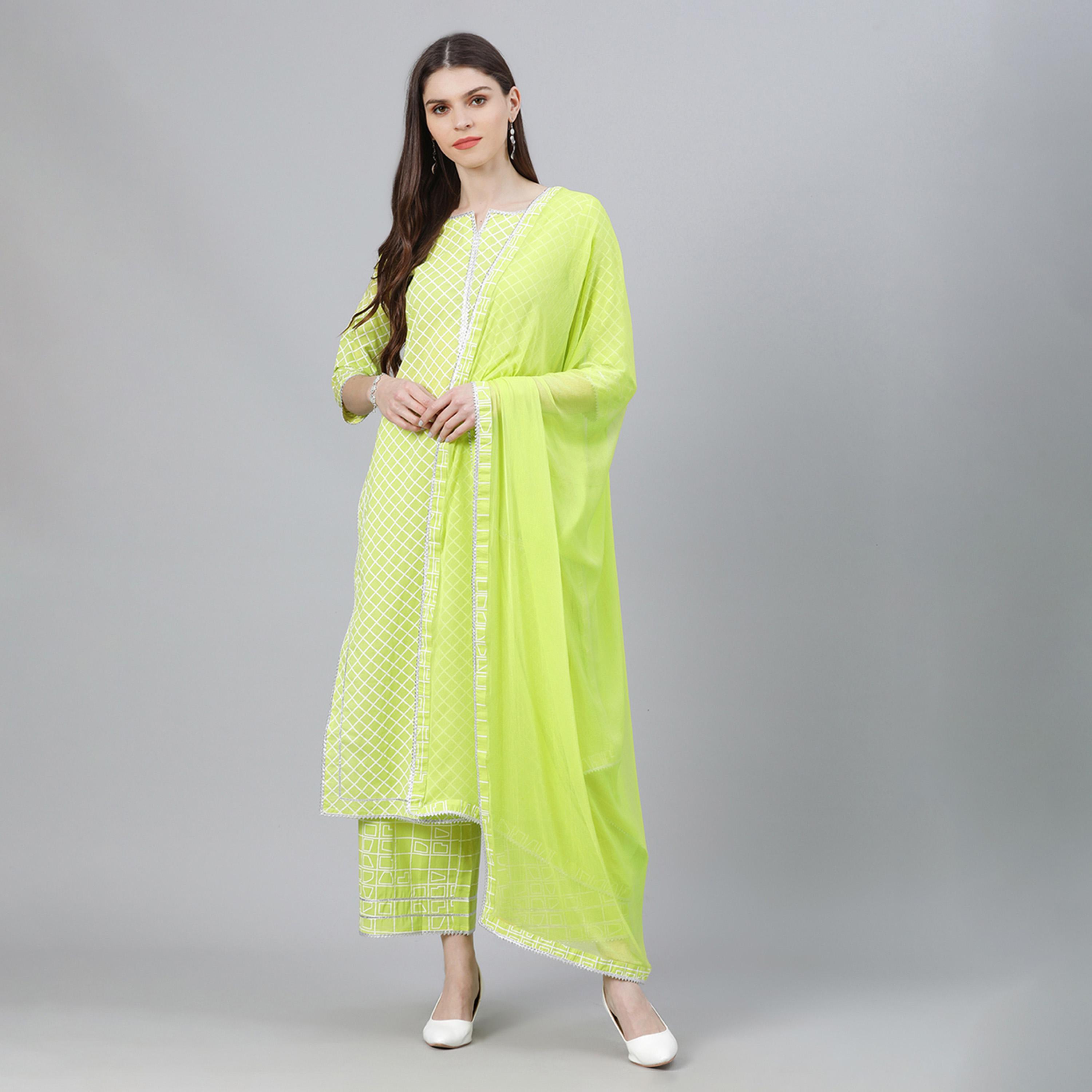 ليباس × ستايلي-  طقم كورتا مطبوع مع وشاح دوباتا وبنطال بالازو شيفون السادة-women-clothing-ethnicwear-sareesets-image-1