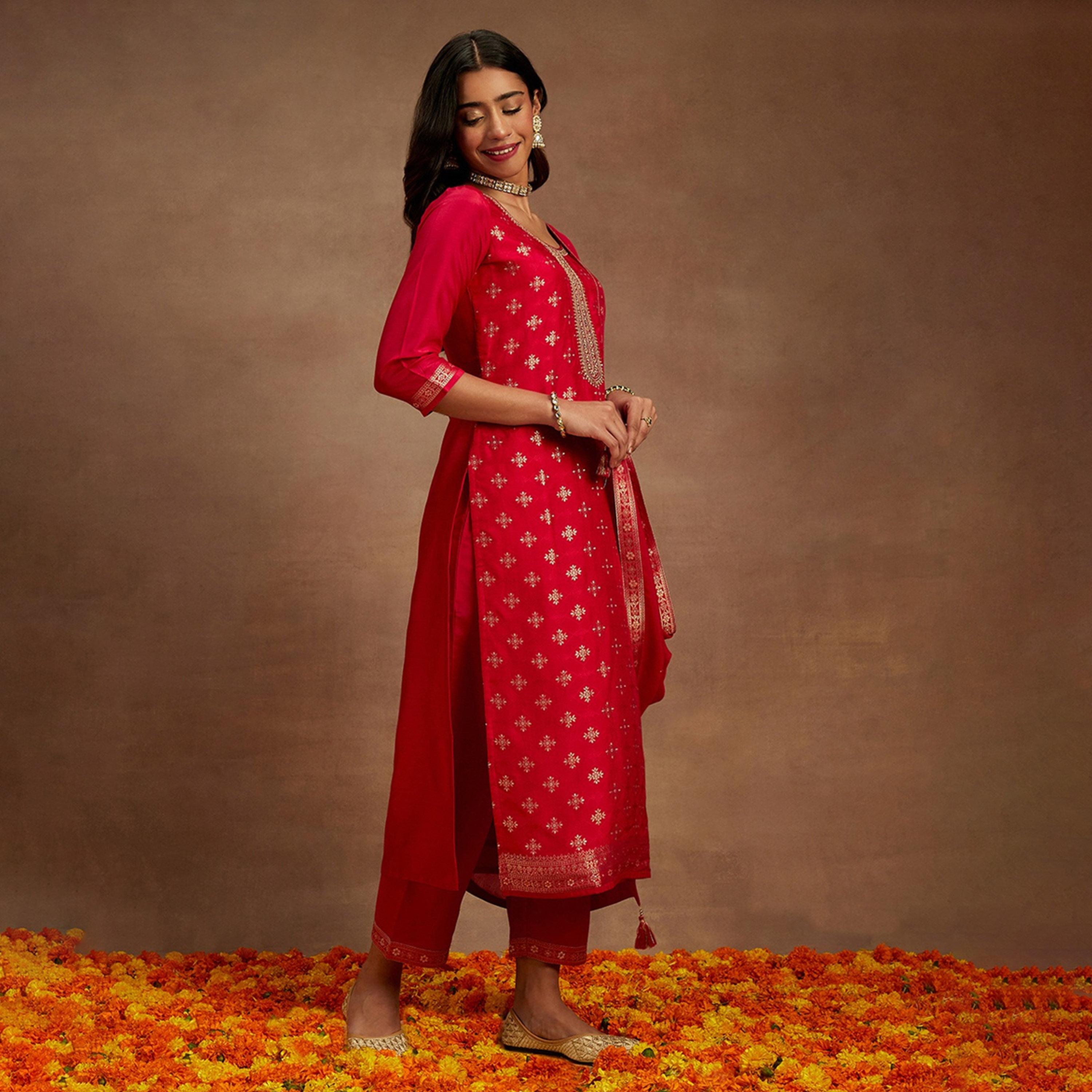 ليباس × ستايلي-  طقم كورتا مستقيم مطبوع وبنطال سادة مع وشاح دوباتا-women-clothing-ethnicwear-sareesets-image-1