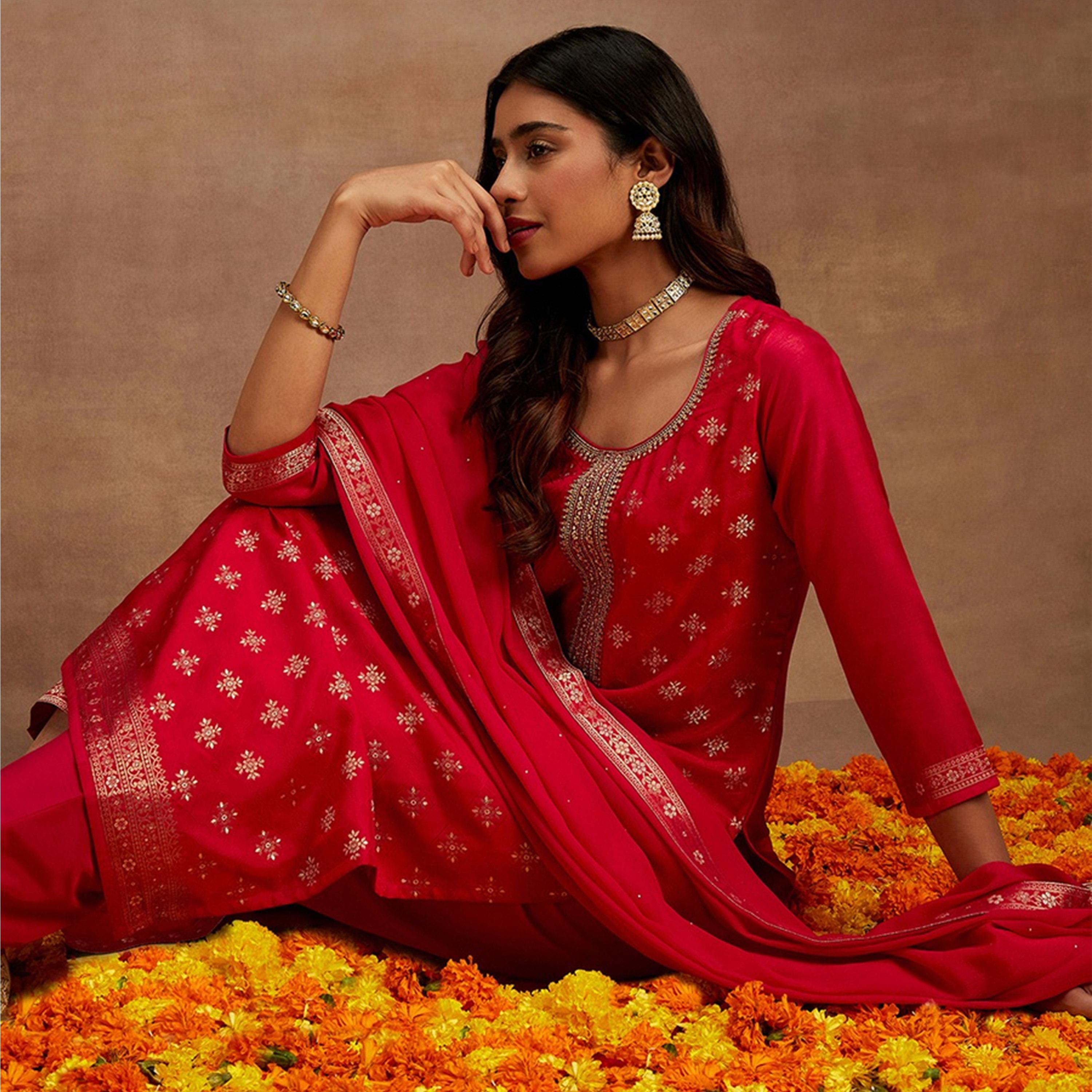 ليباس × ستايلي-  طقم كورتا مستقيم مطبوع وبنطال سادة مع وشاح دوباتا-women-clothing-ethnicwear-sareesets-image-2